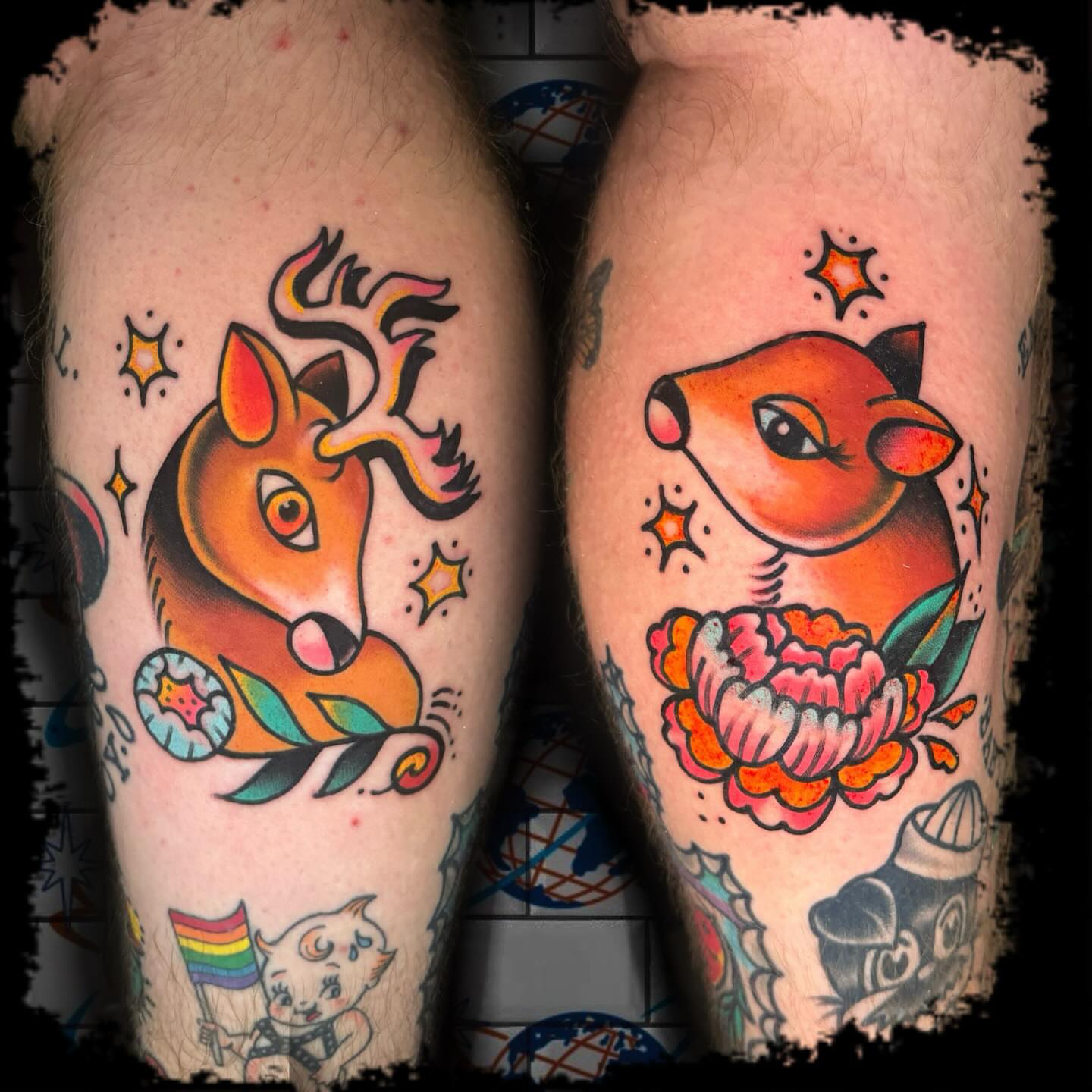 Deer and flower American traditional tattoo on the forearm by Antonio DeCaro