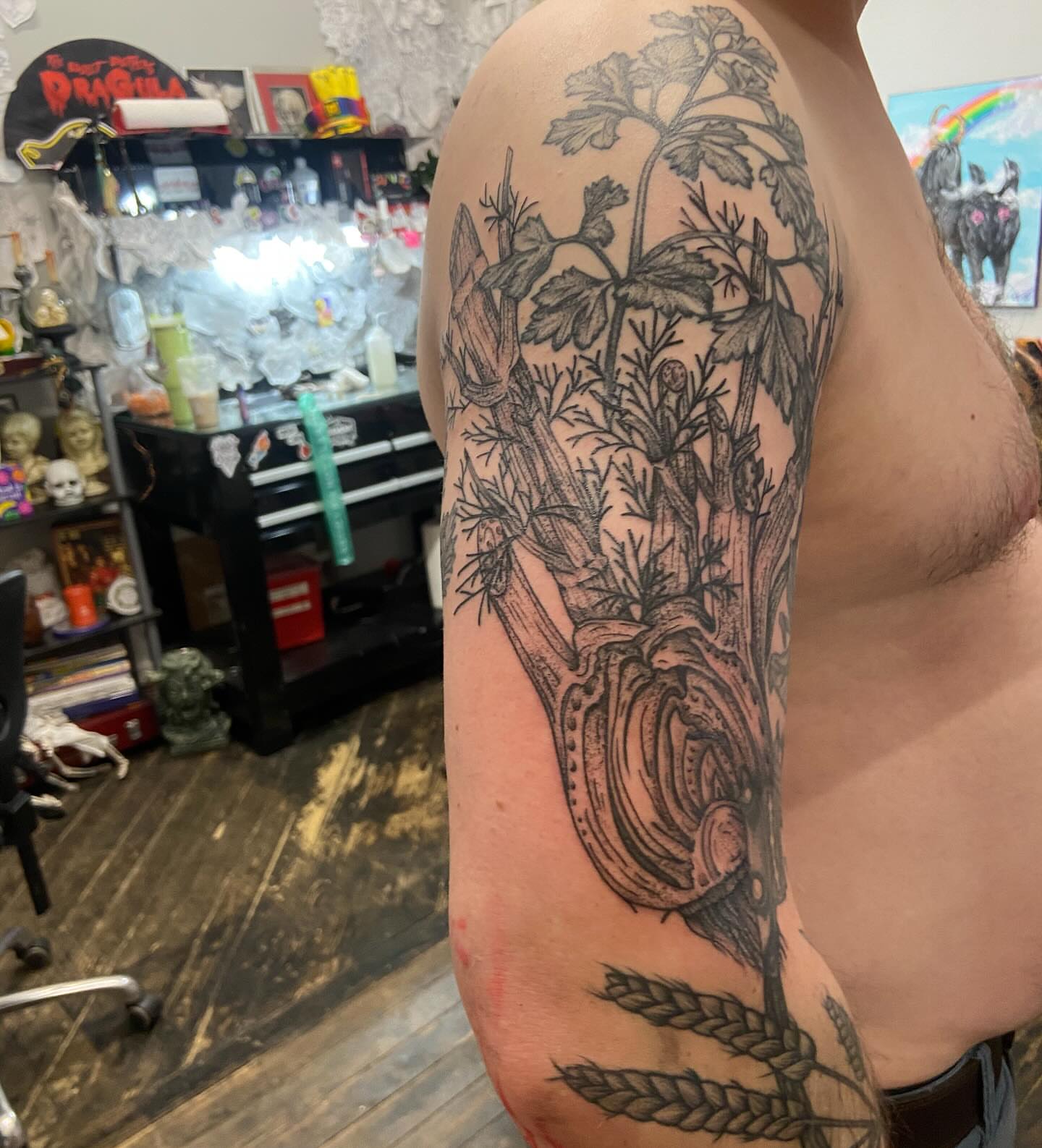 Herb bouquet black and grey tattoo on the forearm by Dont Worry About It