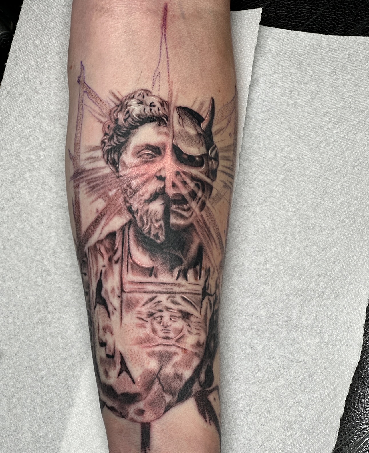 Mythical figure dotwork tattoo on the forearm by Nashville Tattoo Artist - Nicolette Madlyne
