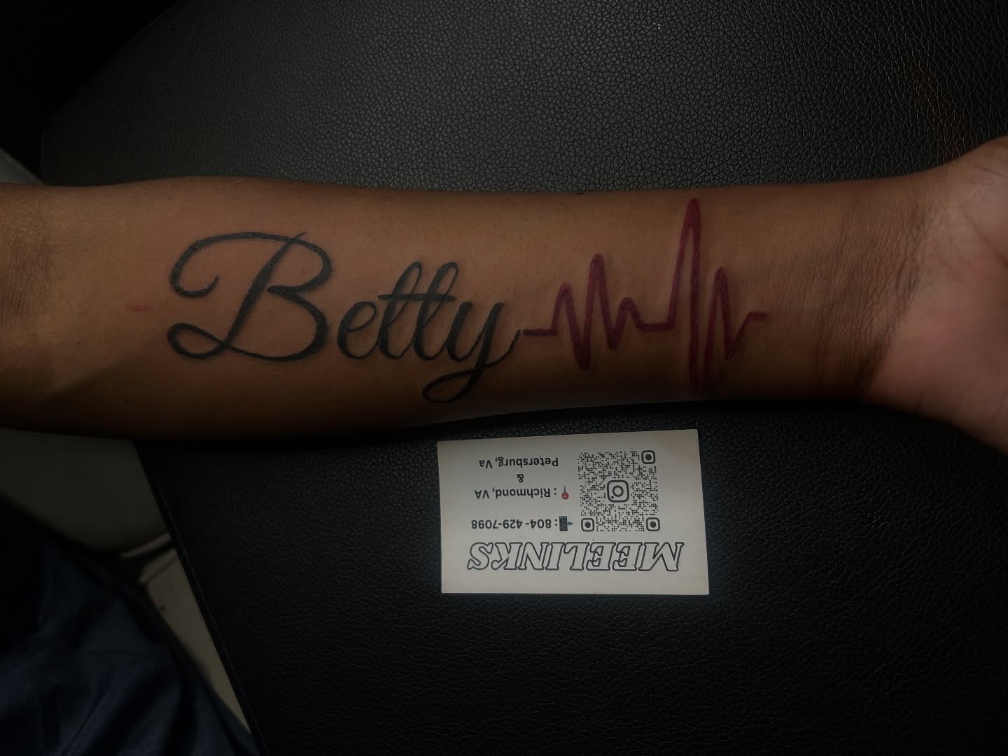Betty lettering script tattoo on the forearm by Meela Inks ๐, Richmond, Virginia