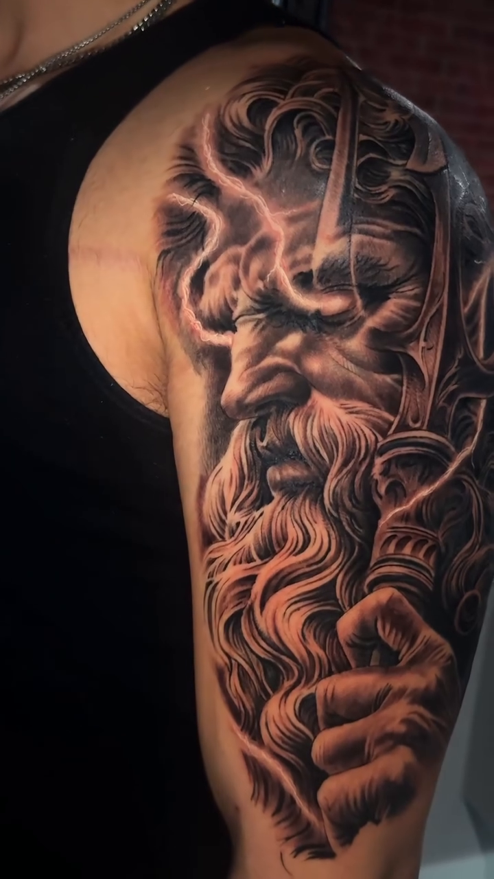 Bearded man with trident realism tattoo by Gee Lagunas 🇲🇽, Springfield, Virginia