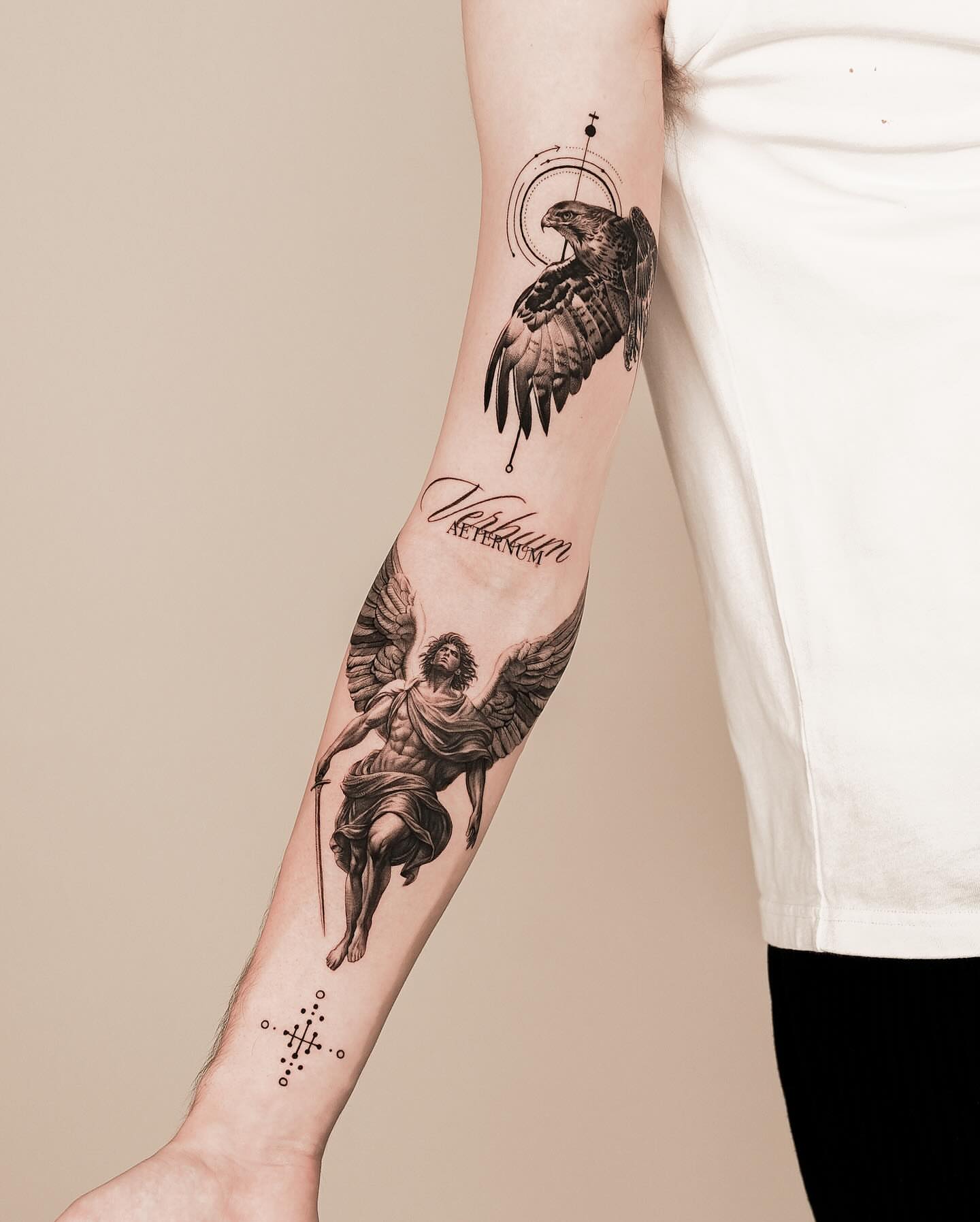 Angel and eagle realism tattoo on the forearm by Jinzhi ye