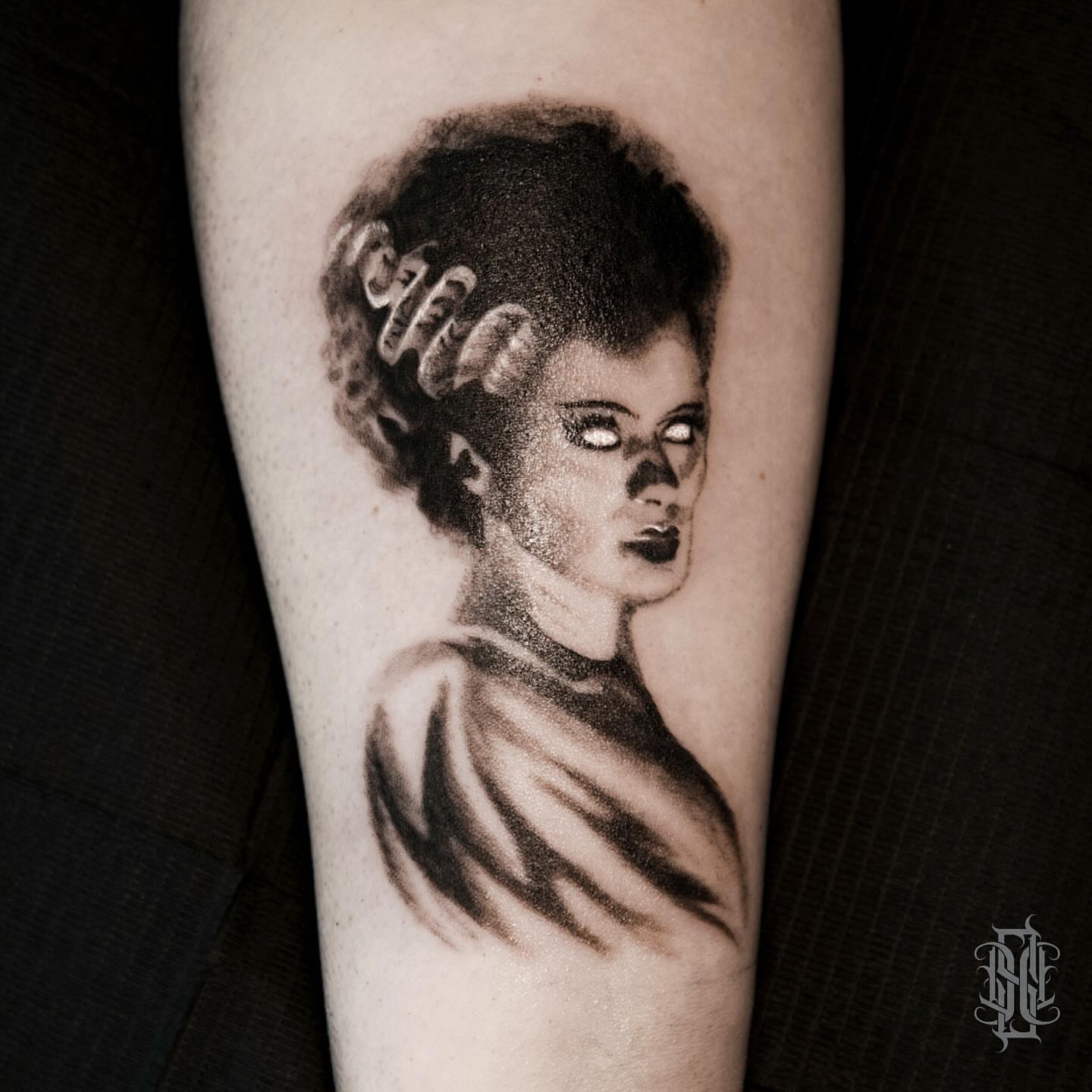 Woman with curlers dotwork tattoo on the forearm by Sarah Deanna Derr