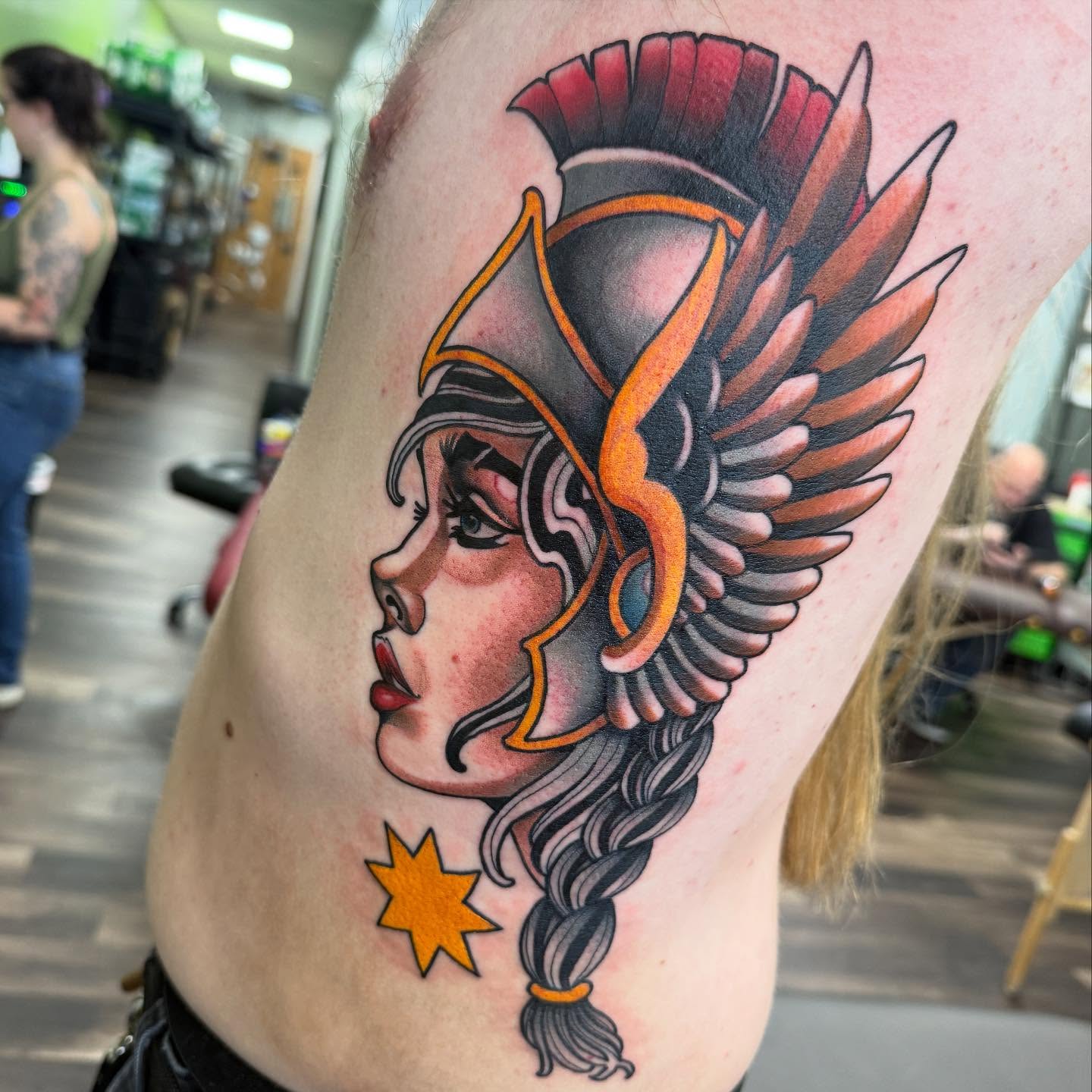 Female warrior American traditional tattoo on the thigh by Spencer Webb