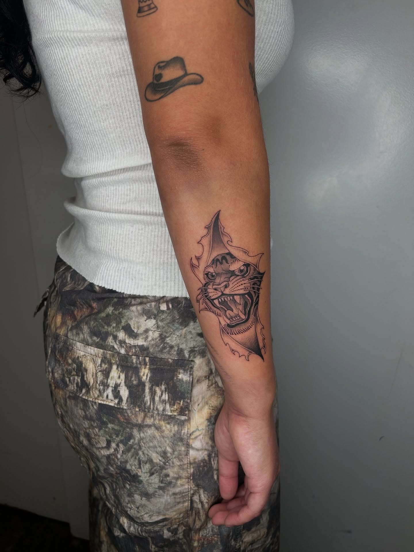 Shark black and grey tattoo on the forearm by ✭ Elisa ✭