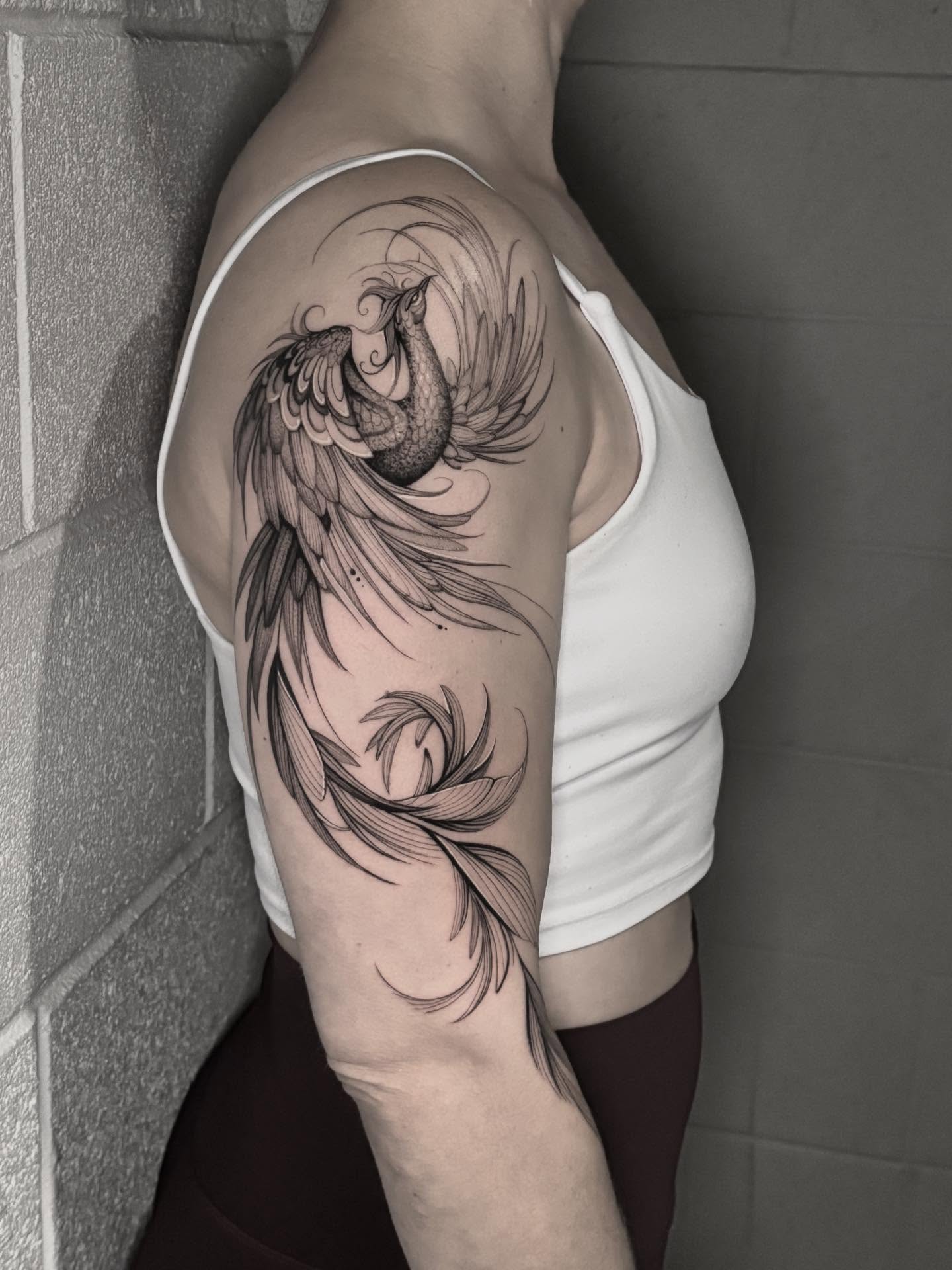 Phoenix black and grey tattoo on the shoulder by Brittney Naami, San Francisco, California