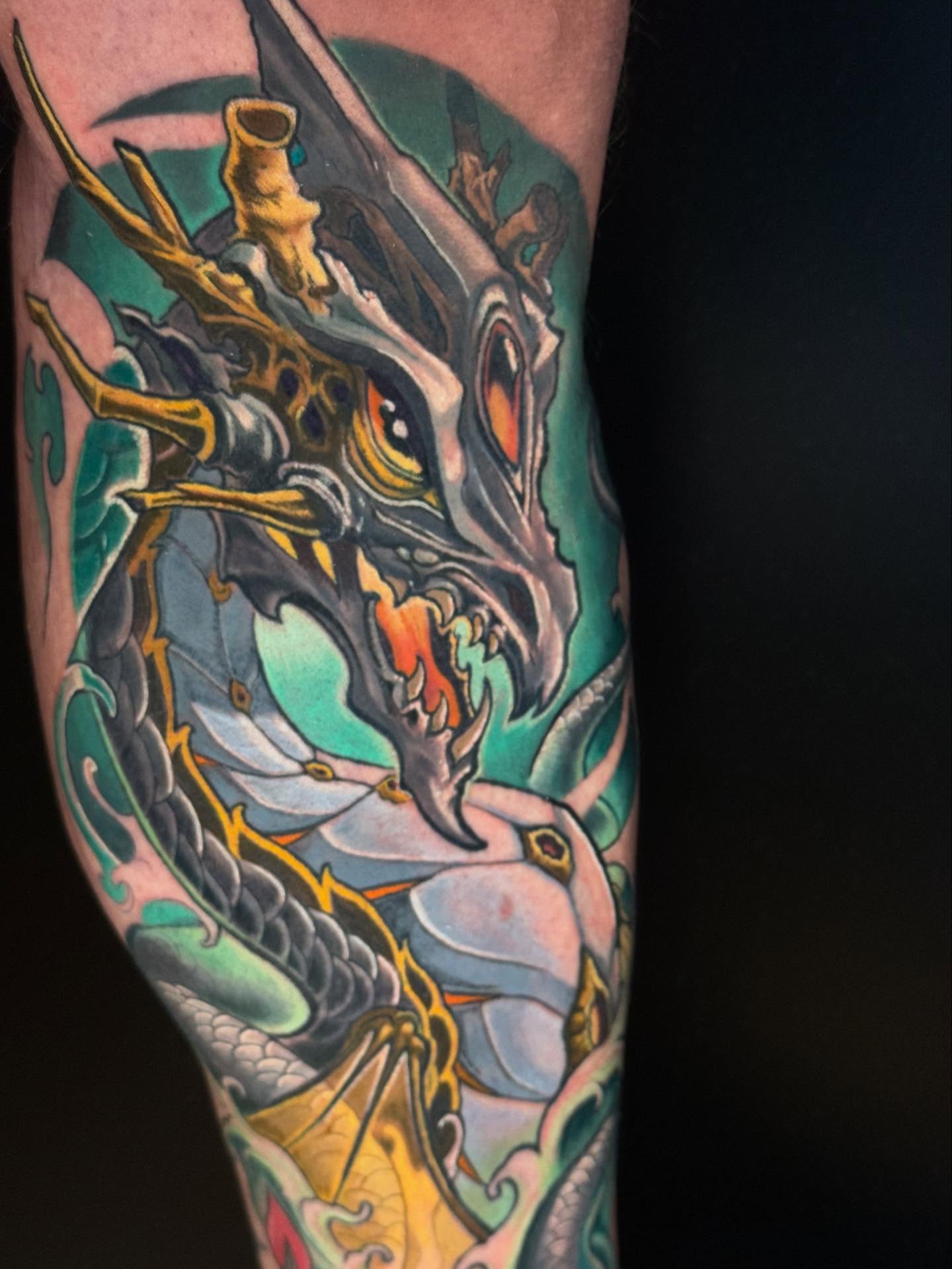 Dragon new school tattoo on the forearm by Zoe "Z" Fisk