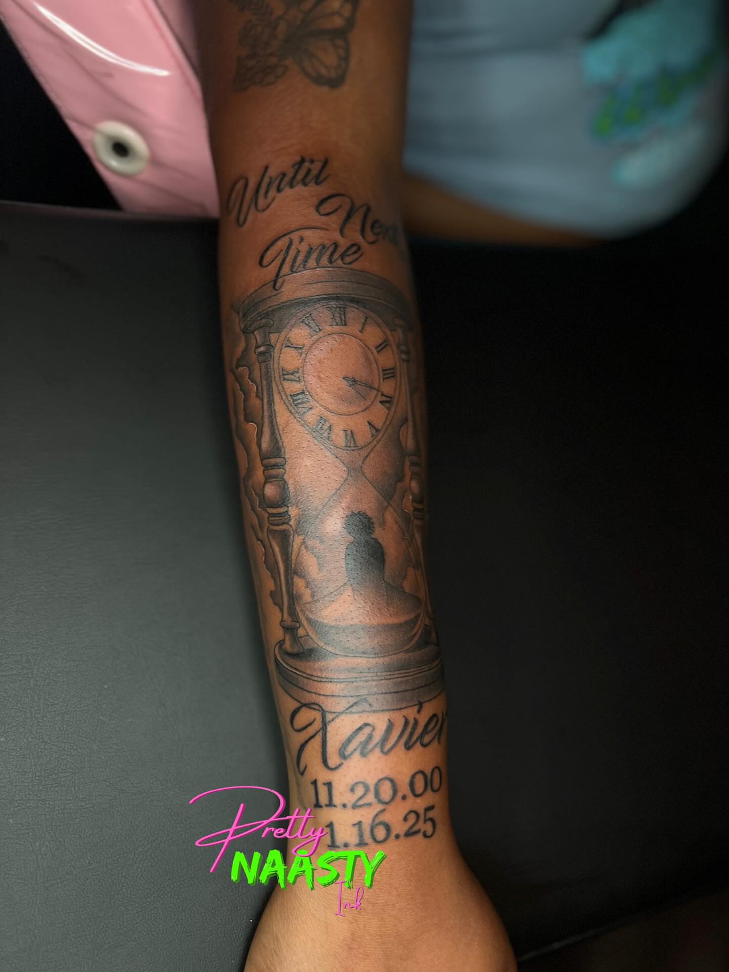 Hourglass clock black and grey tattoo on the forearm by Pretty Naasty Ink🖤