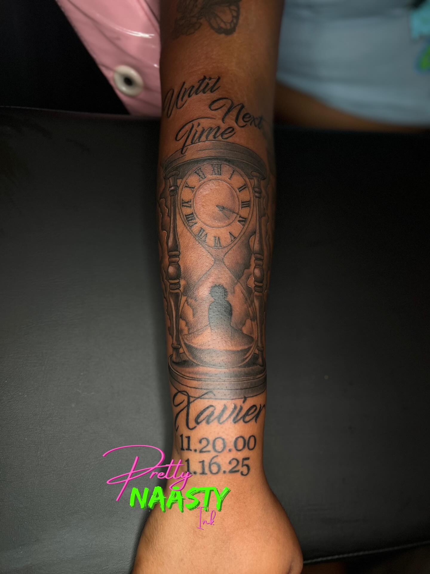 Hourglass clock realism tattoo on the forearm by Pretty Naasty Ink🖤