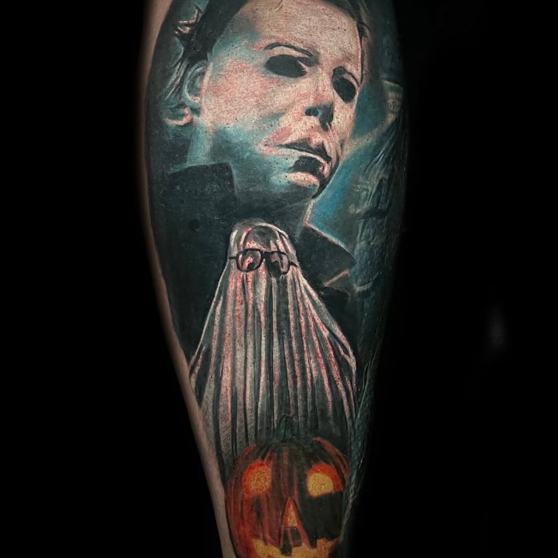 Michael Myers dark realism tattoo on the forearm by Nicholas Misitano