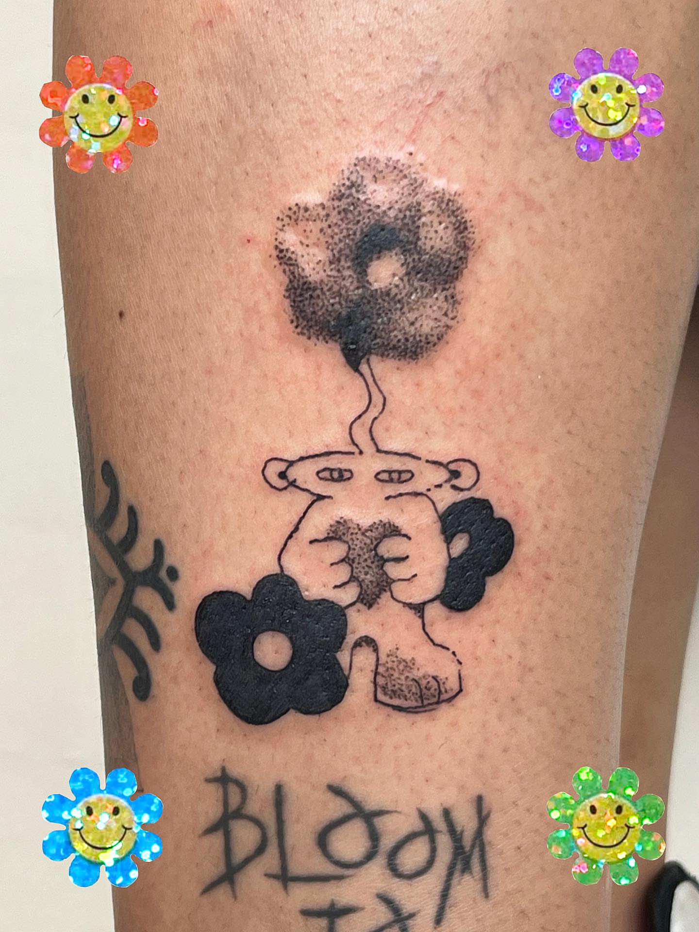 Flower and monkey dotwork tattoo on the leg by luce elias :