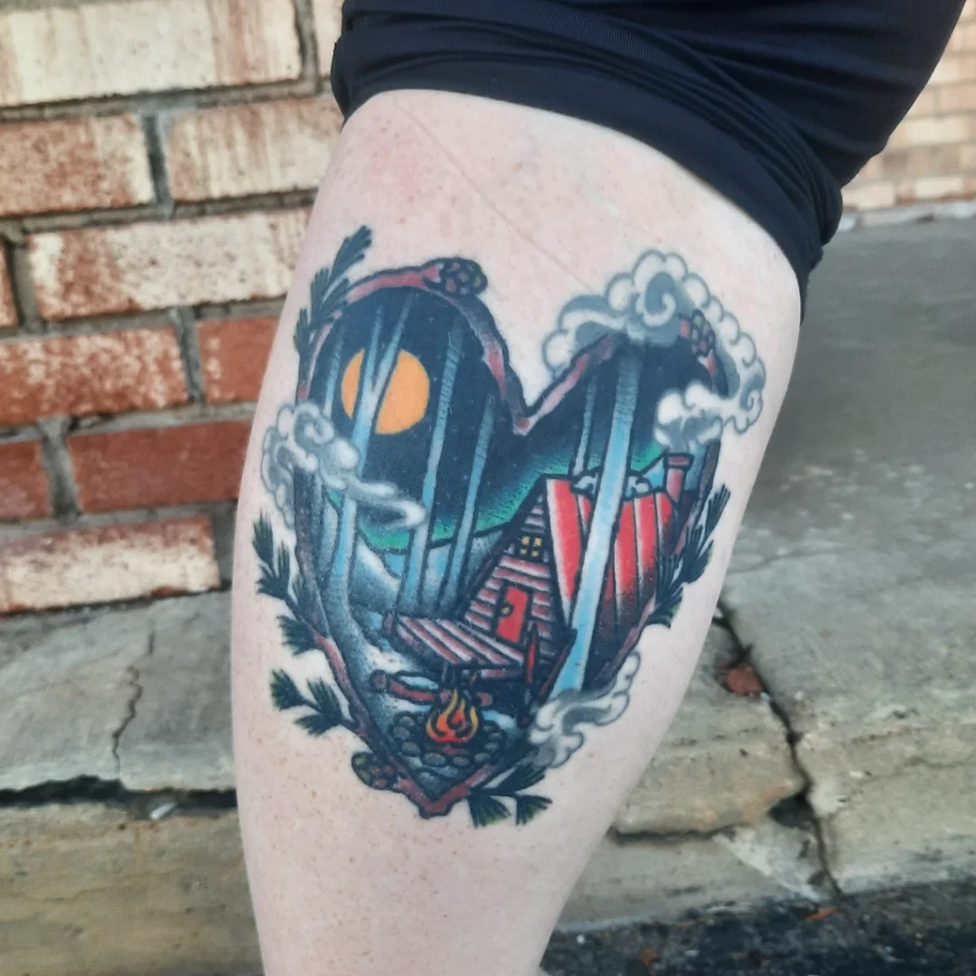 House and chimney American traditional tattoo on the thigh by Kaetlyn