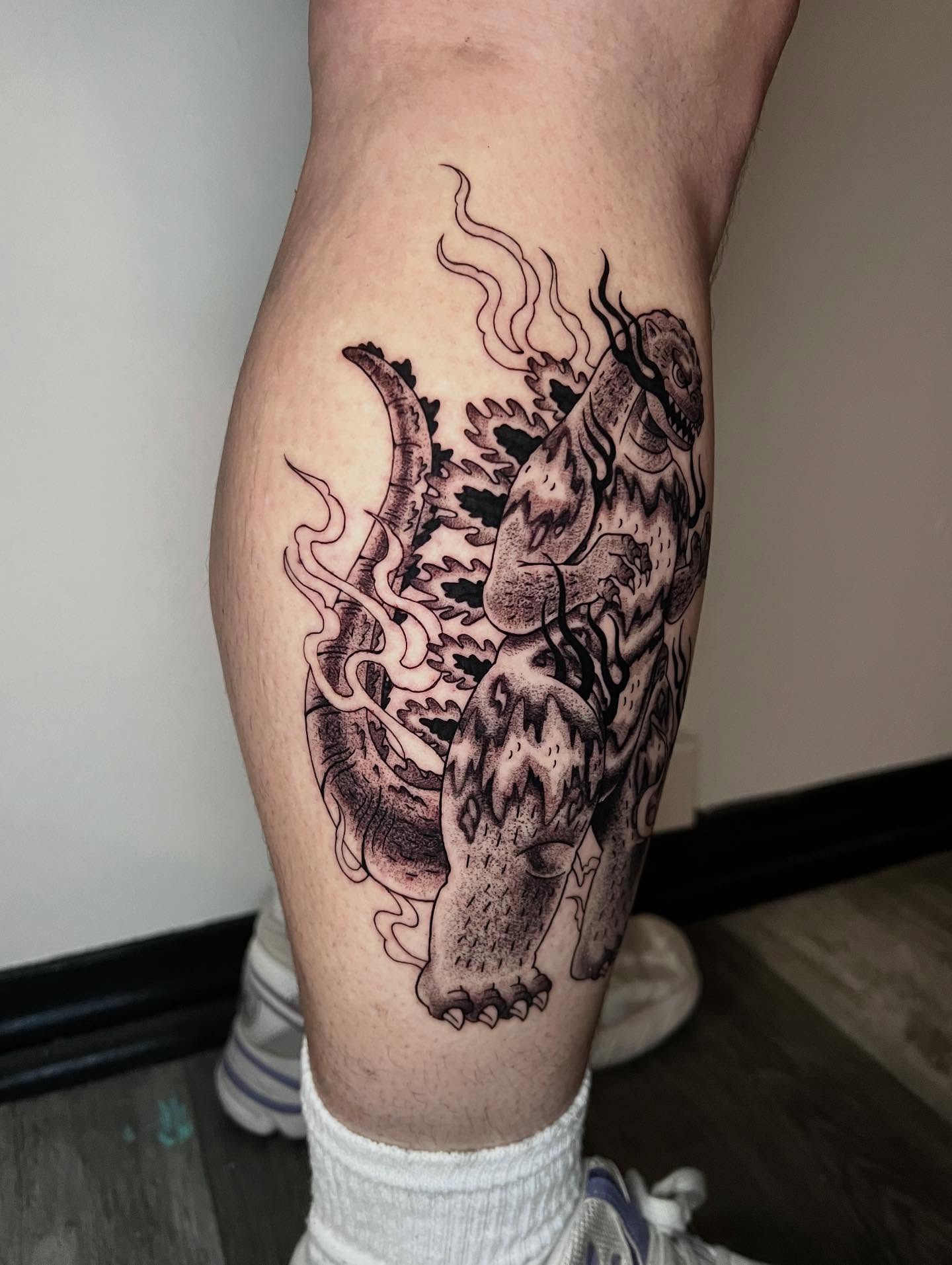 Monster dark realism tattoo on the calf by AJ π°π· LA tattoo