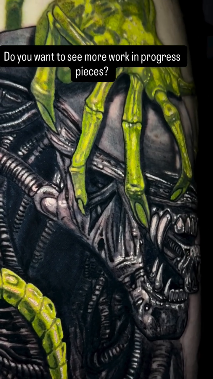 Alien creature head dark realism tattoo by Caitlyn Campbell