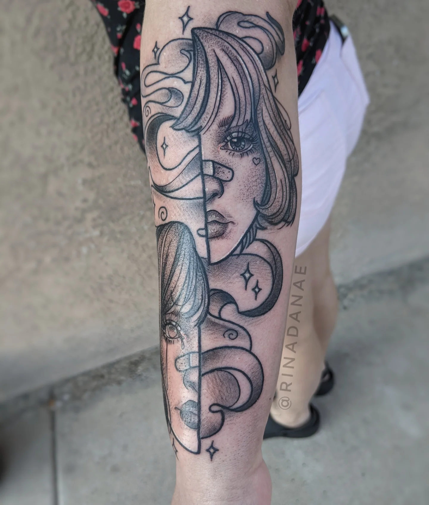 Woman's face dotwork tattoo on the forearm by Rina Danaé Tattoo🌿