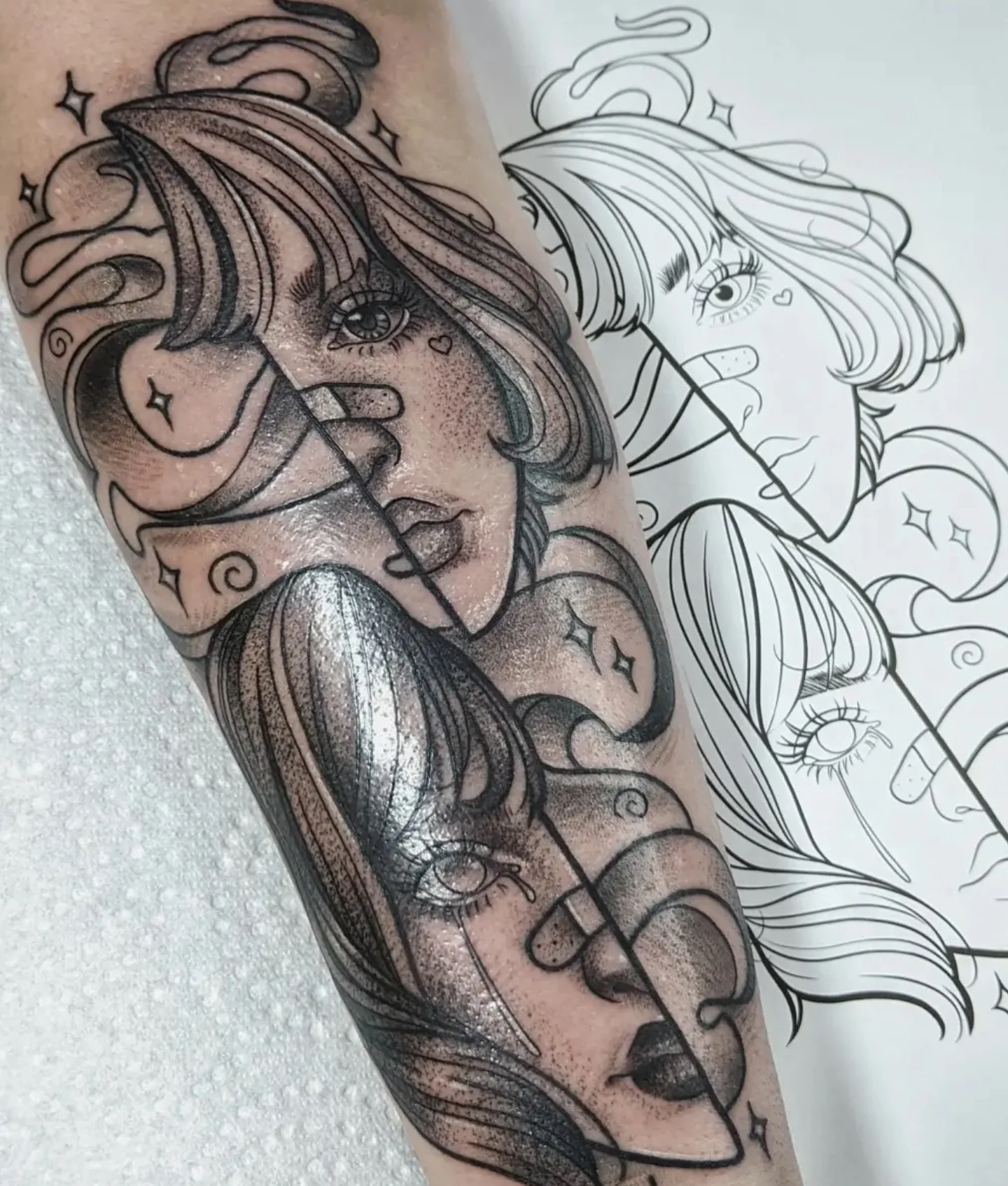 Woman with flowing hair dotwork tattoo on the forearm by Rina Danaé Tattoo🌿