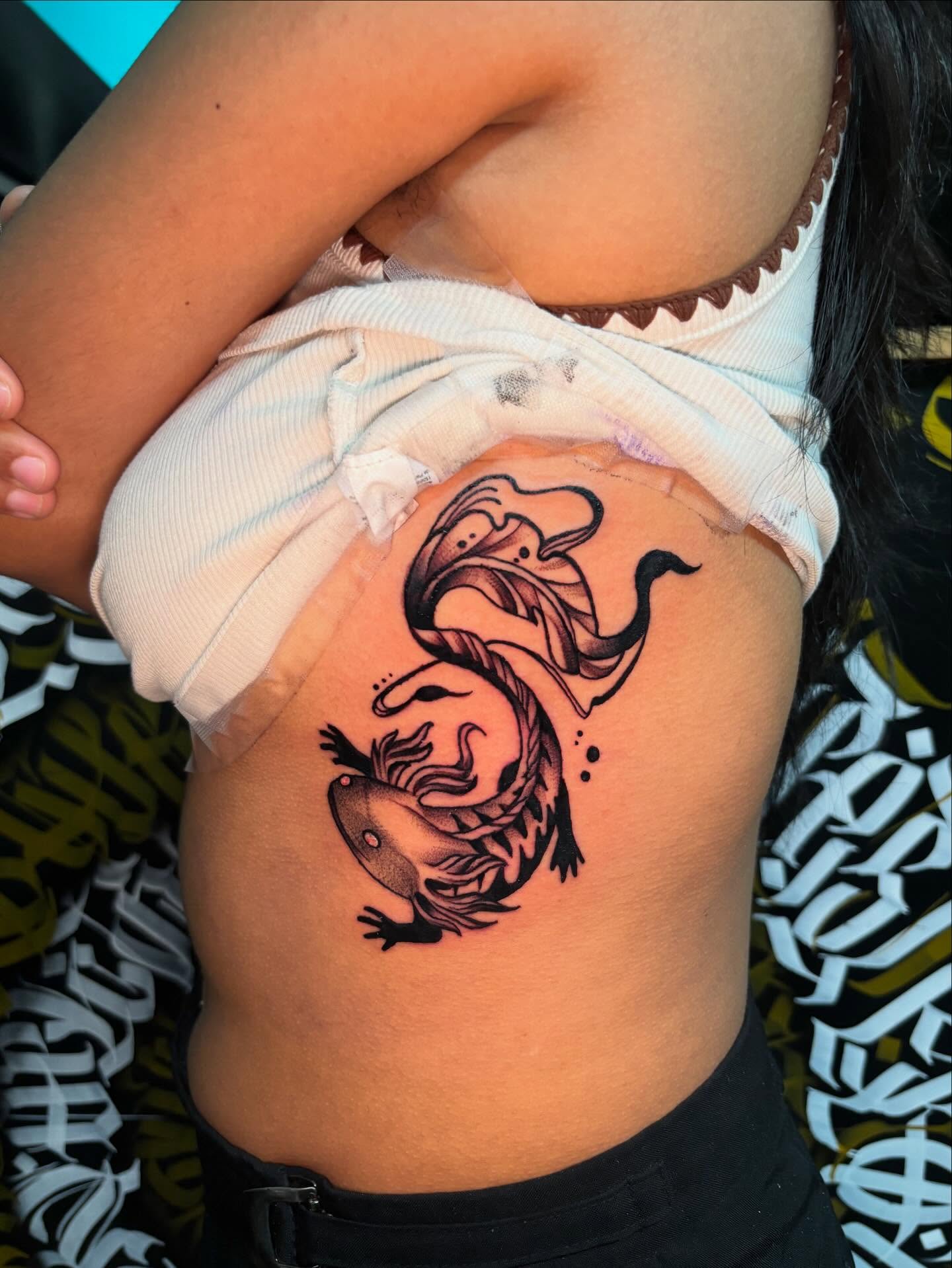 Abstract dragon dotwork tattoo on the ribs by Daero Tattoo, New York, New York