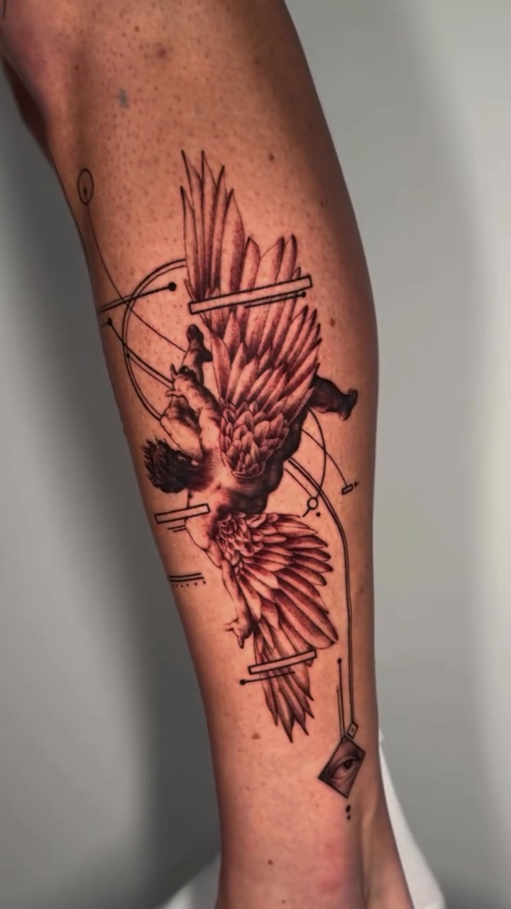 Bird with geometric elements geometric tattoo by Moi Rivas, Salt Lake City, Utah