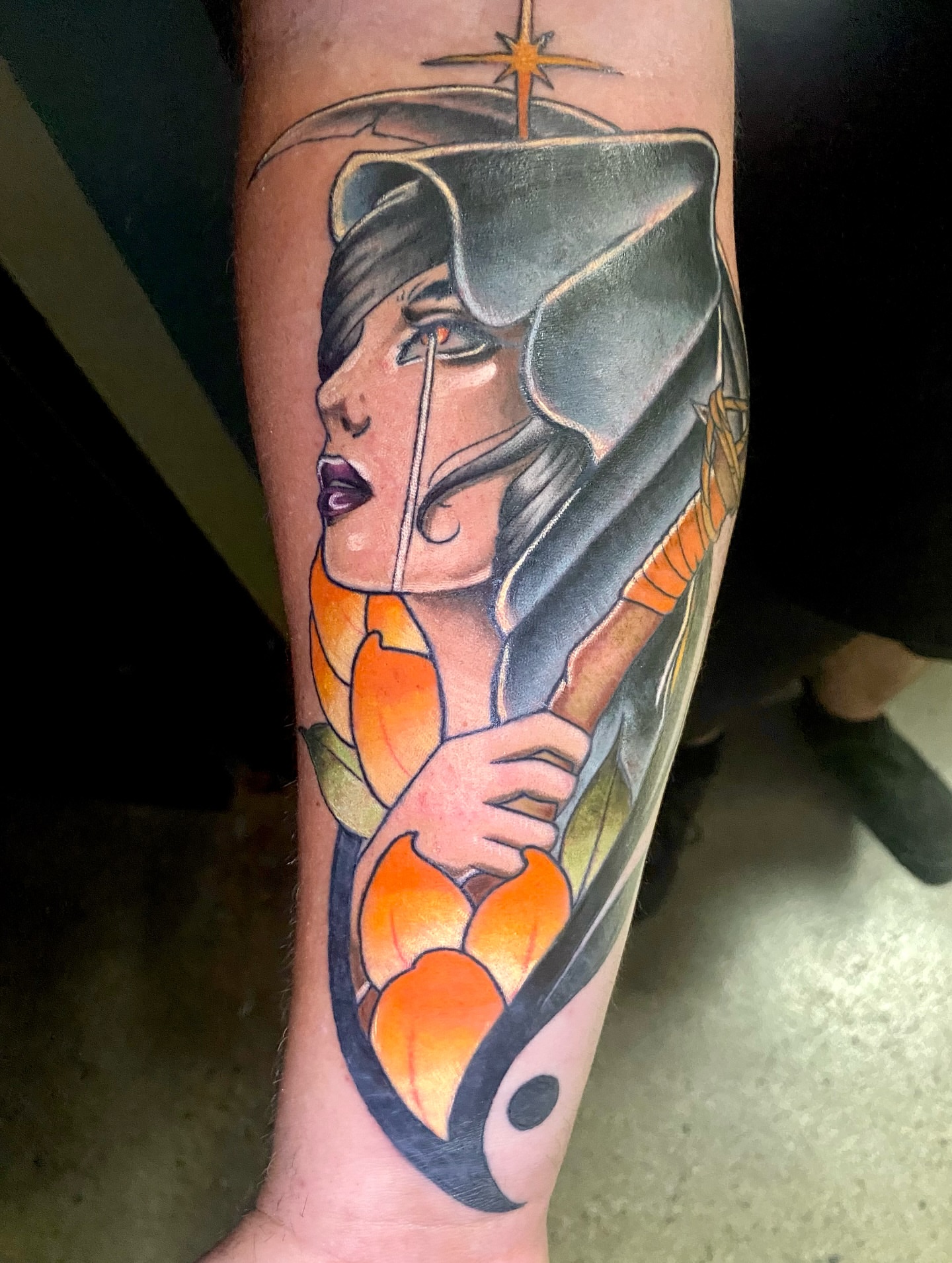 Woman with crown American traditional tattoo on the forearm by Ashley Lin Las Vegas Tattoo Artist