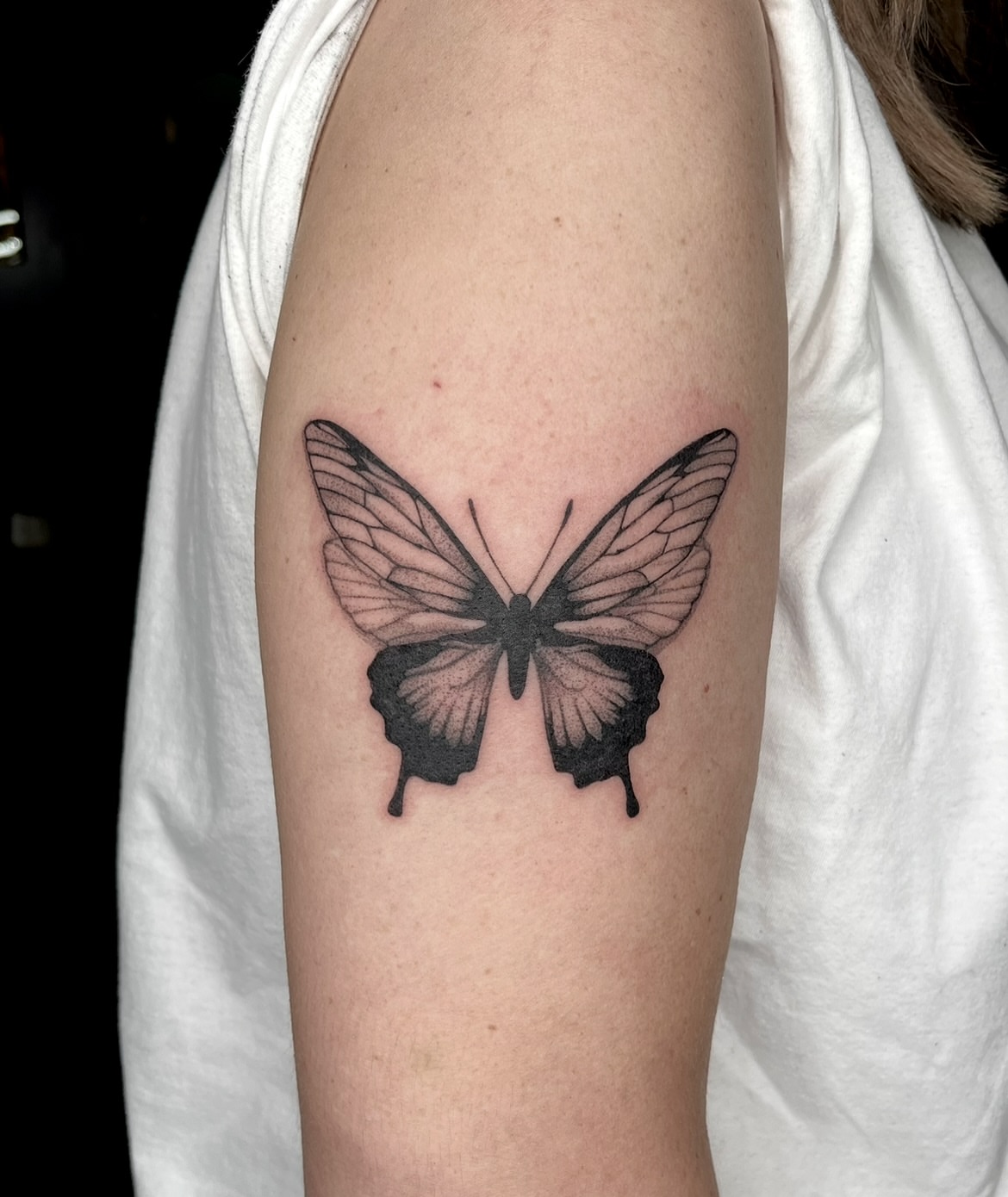Butterfly black and grey tattoo on the forearm by ✩gracie ⋆｡°✩