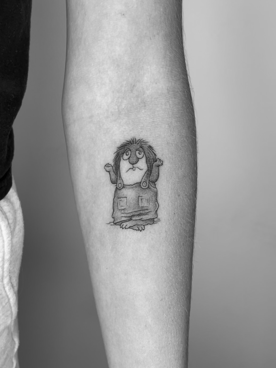Hedgehog character black and grey tattoo on the forearm by ☆ Nashville Fine Line Tattoo Artist ☆