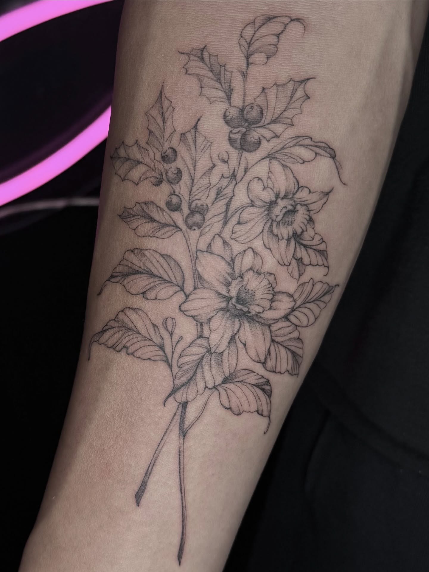 Flower bouquet realism tattoo on the forearm by B o n d B o n d , “ a r t i s t “