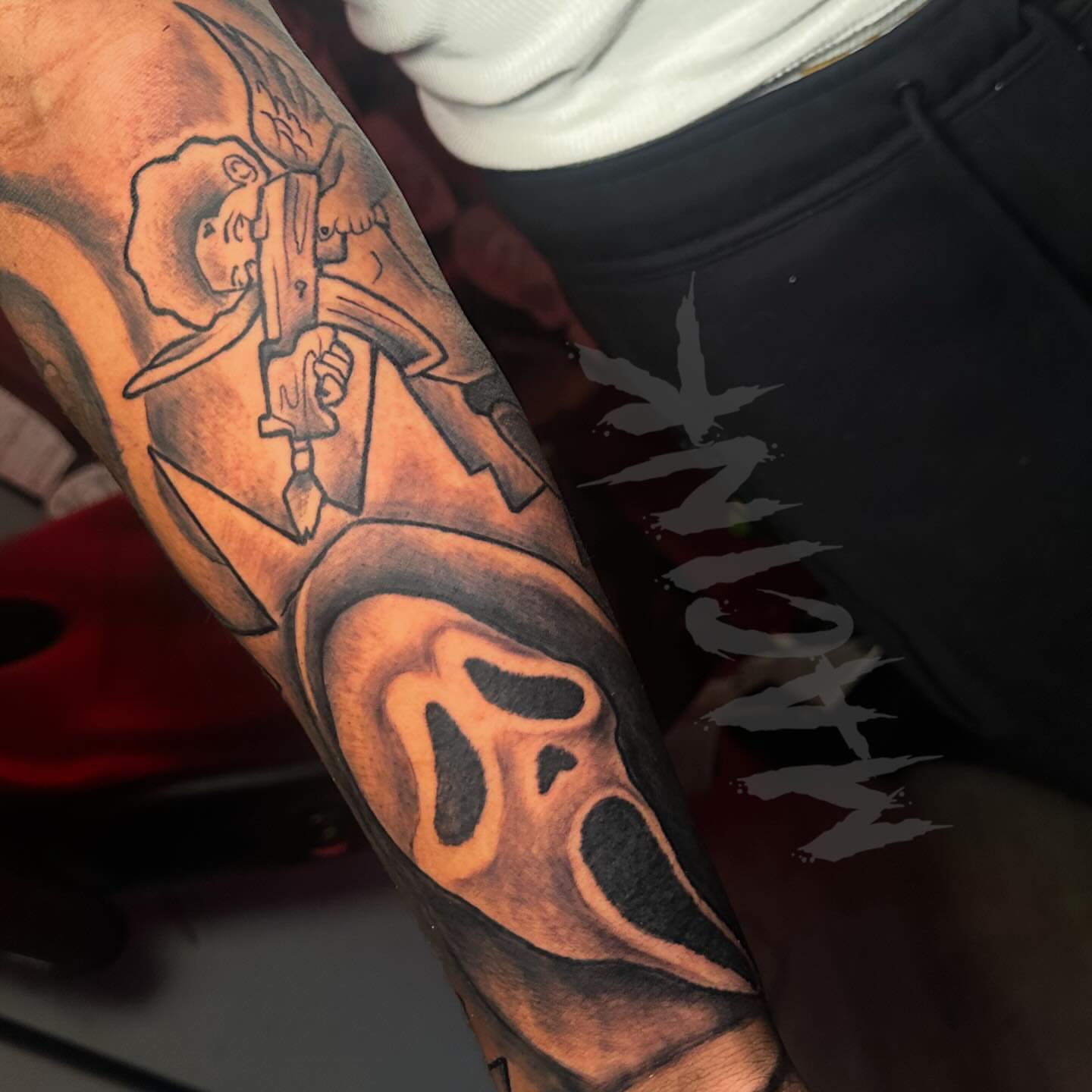 Ghost mask and samurai realism tattoo on the forearm by ATL Tattoo Artist💲