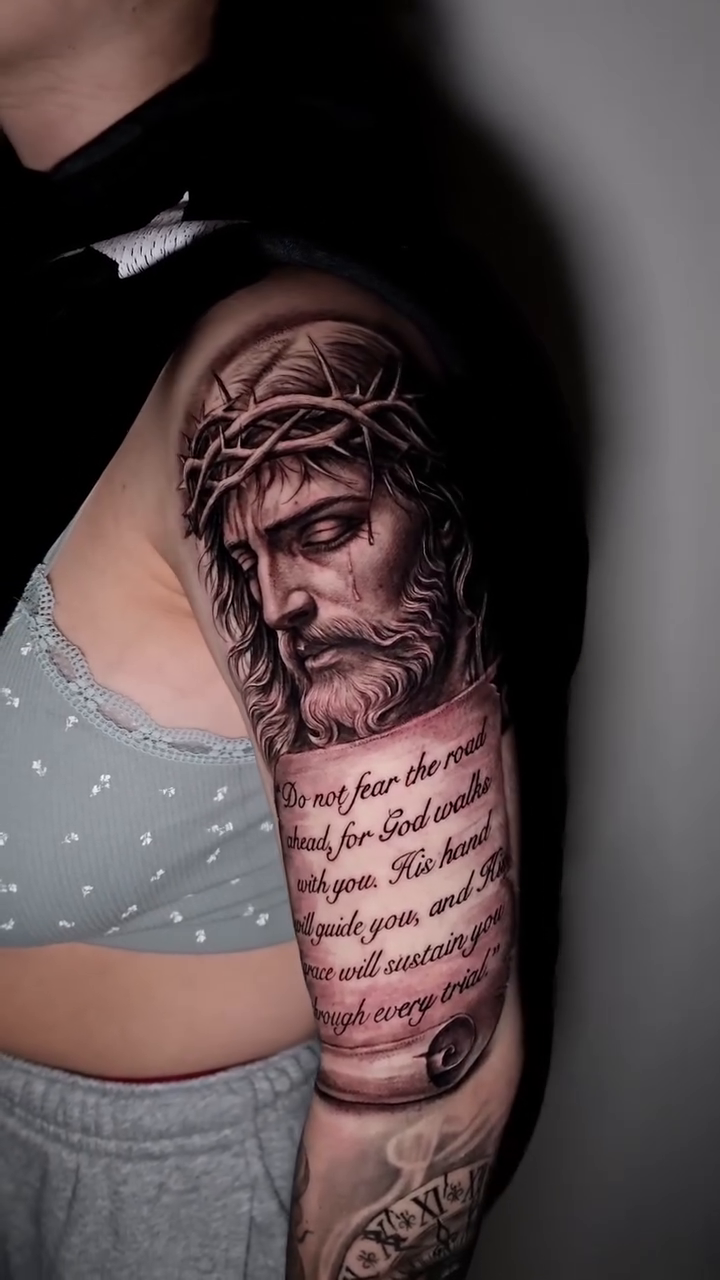Jesus Christ portrait with scripture realism tattoo by Cipri Suciu