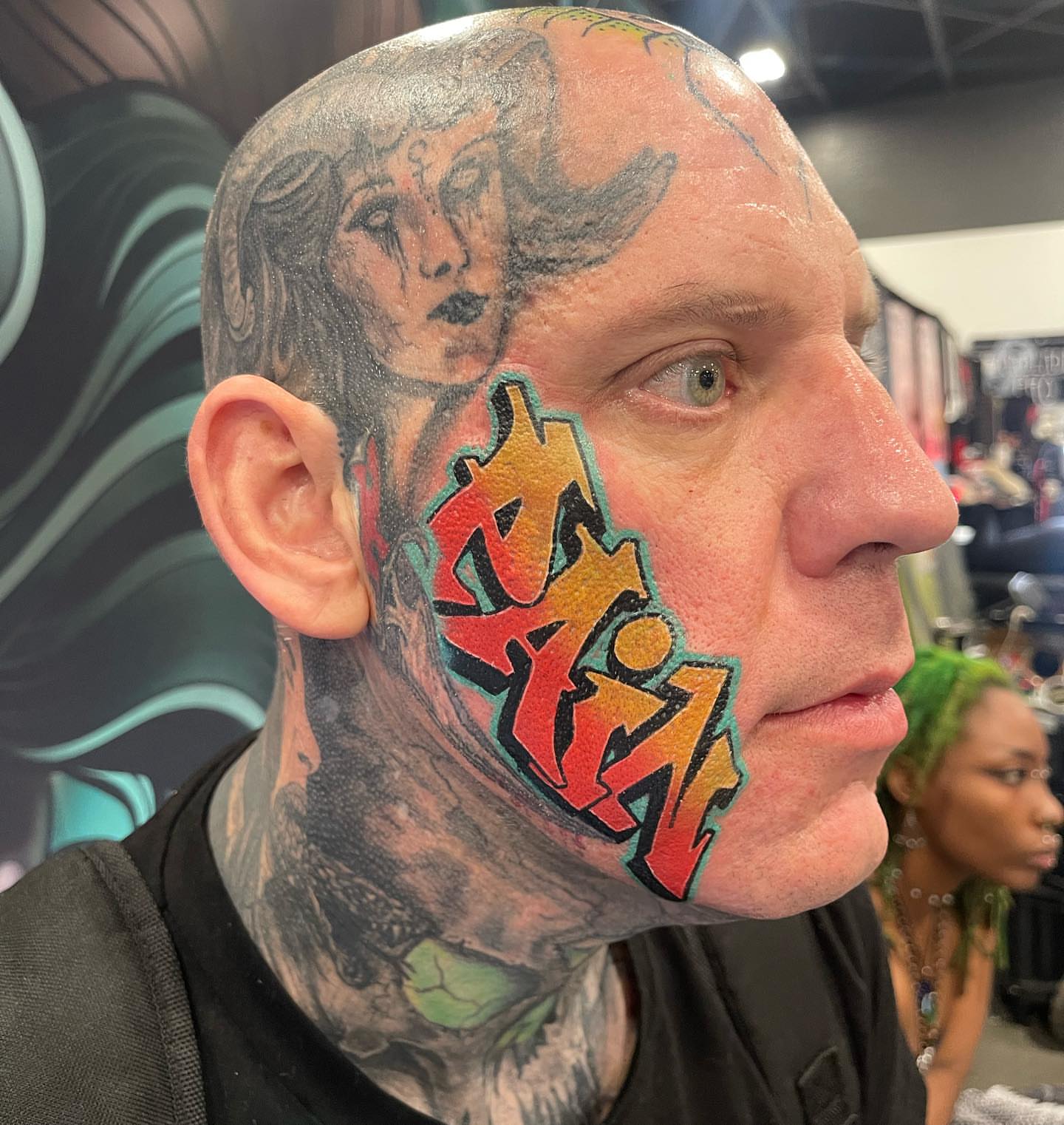 Woman's face realism tattoo on the head by Kodi Klo