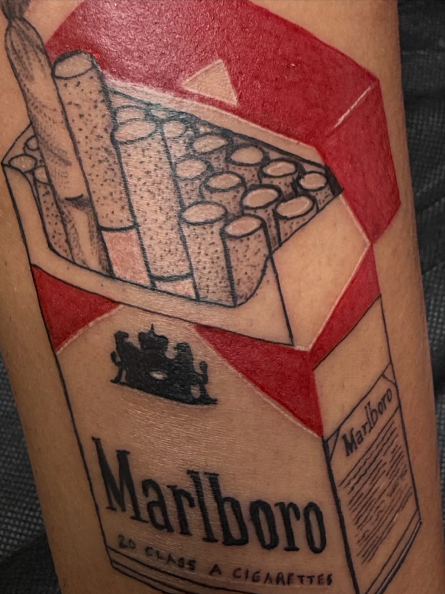 Marlboro cigarette pack black and grey tattoo on the forearm by ᴍᴀɢɢɪᴇ ✧, Las Vegas, Nevada