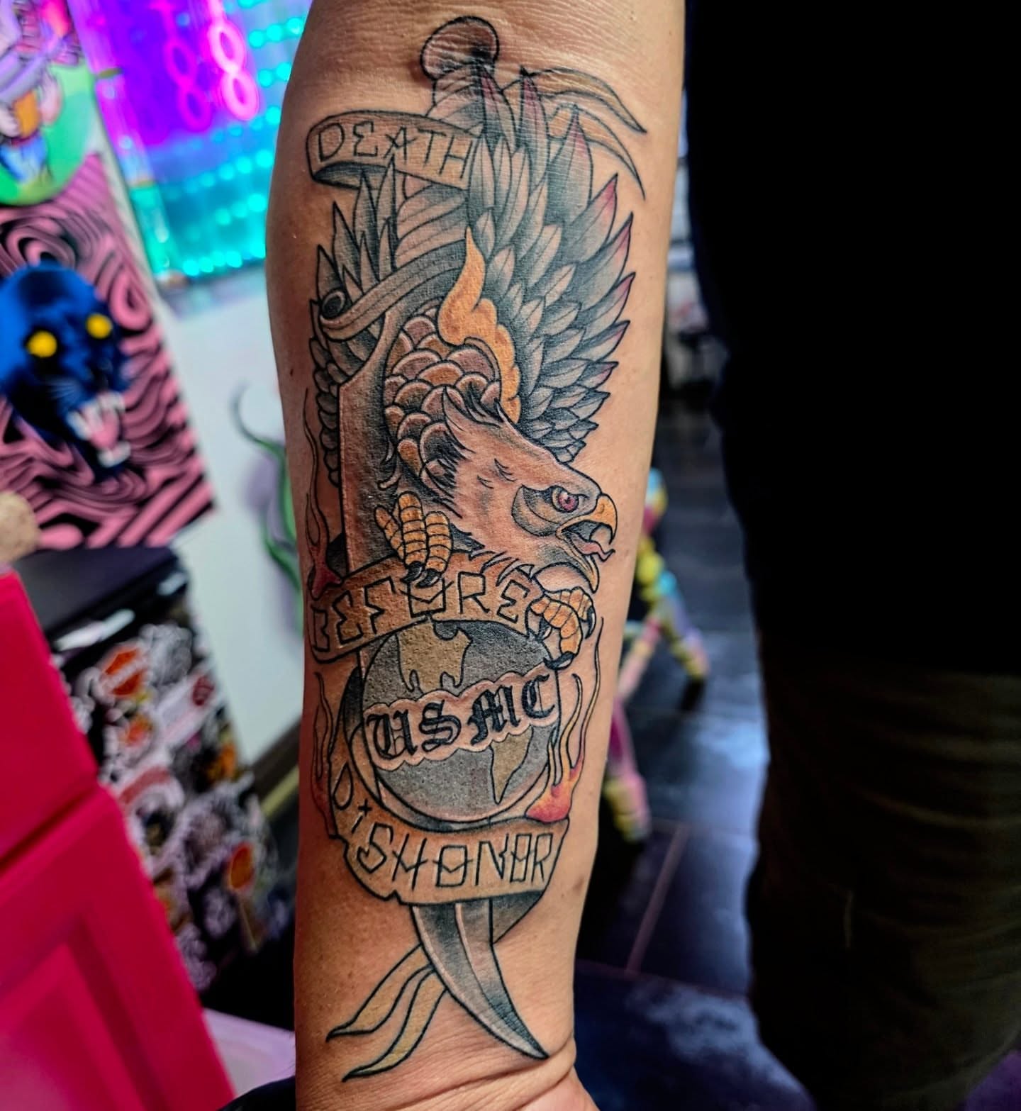 USMC eagle American traditional tattoo on the forearm by Michael Latendresse