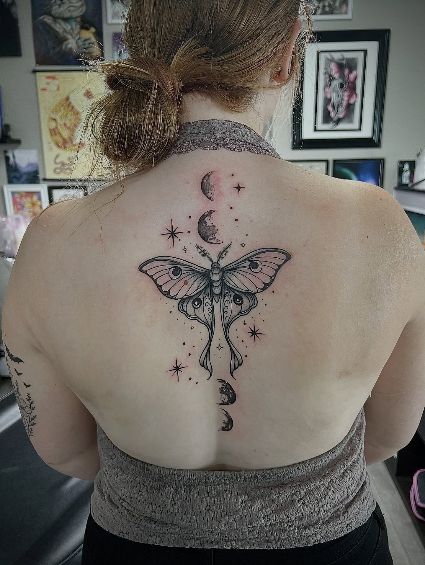 Butterfly and celestial elements dotwork tattoo on the back by 🖤 Kitty Marie 🖤