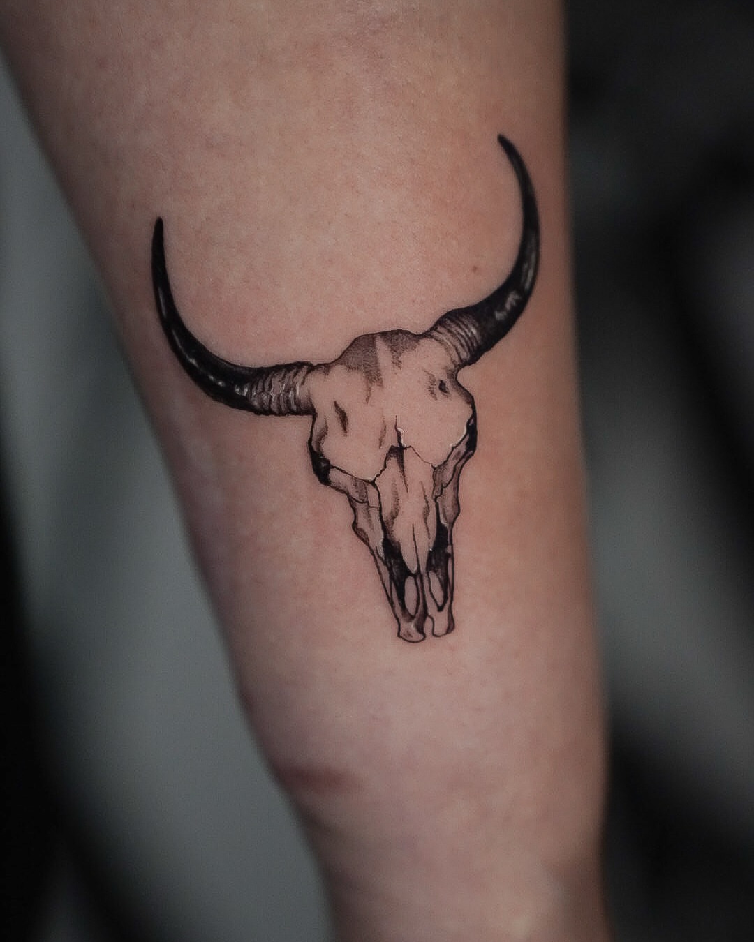 Bull skull black and grey tattoo on the forearm by Tattoo Artist Bay Area - Lorenzo, Berkeley, California