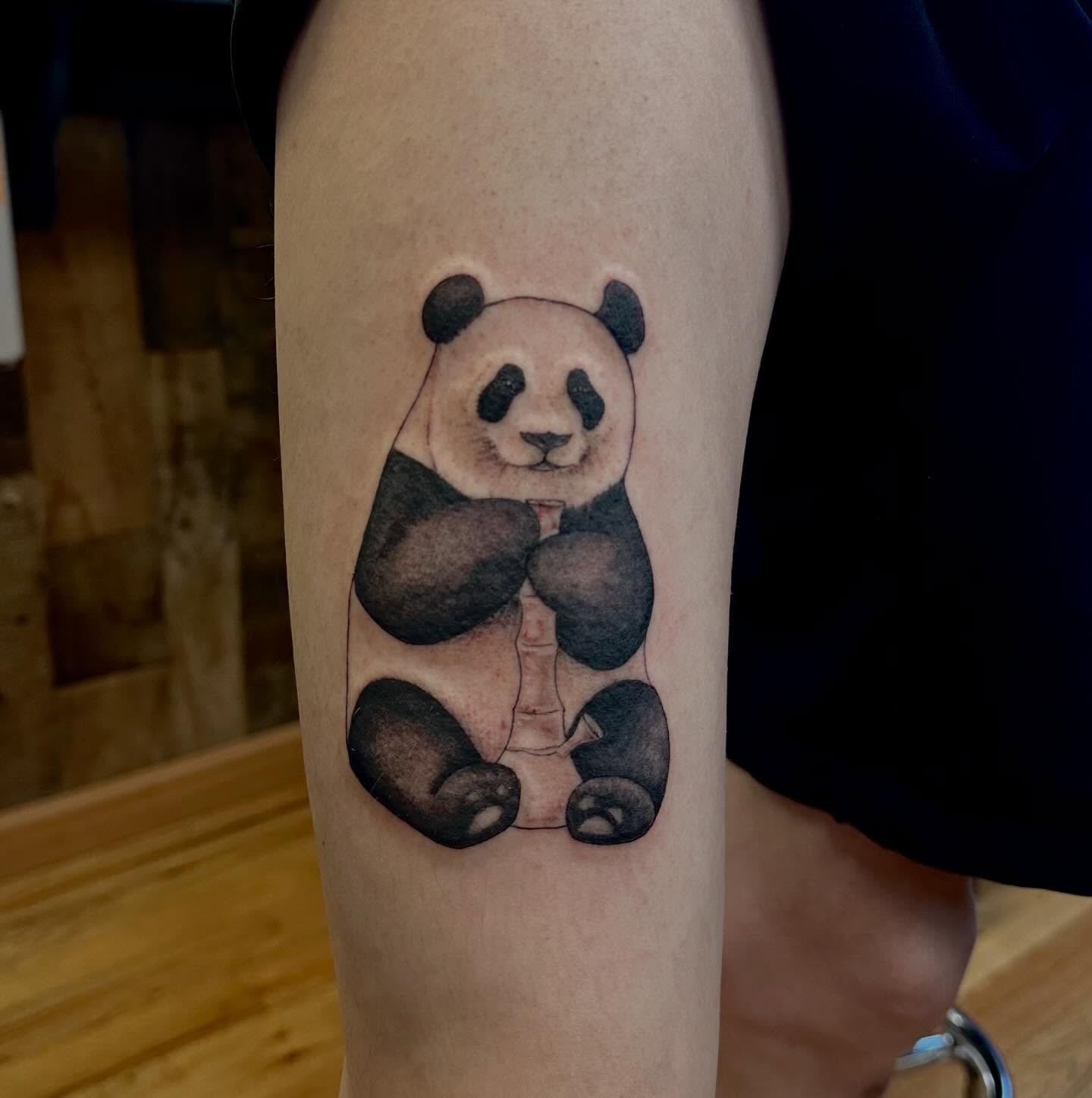 Panda realism tattoo on the forearm by Marie Novotny, Lakewood, Ohio