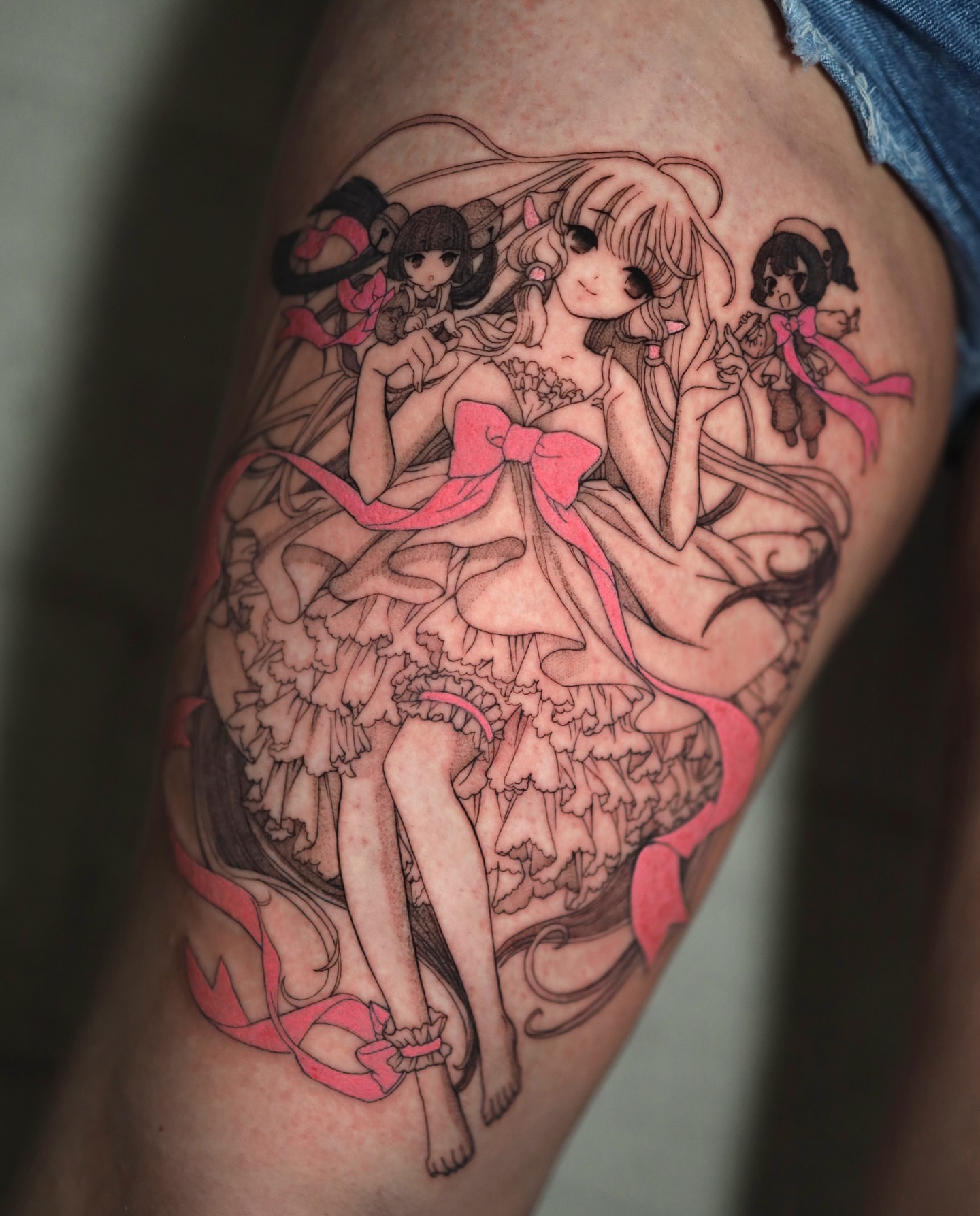 Anime-style girl anime tattoo on the thigh by Dana, Phoenix, Arizona