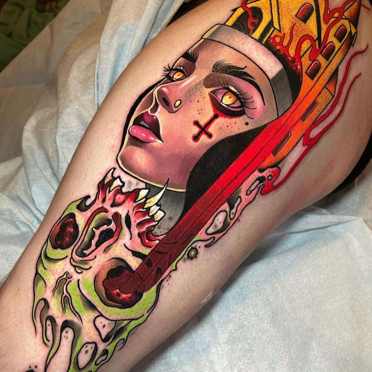 Woman with skull dark realism tattoo on the thigh by Matt Stolzenburg