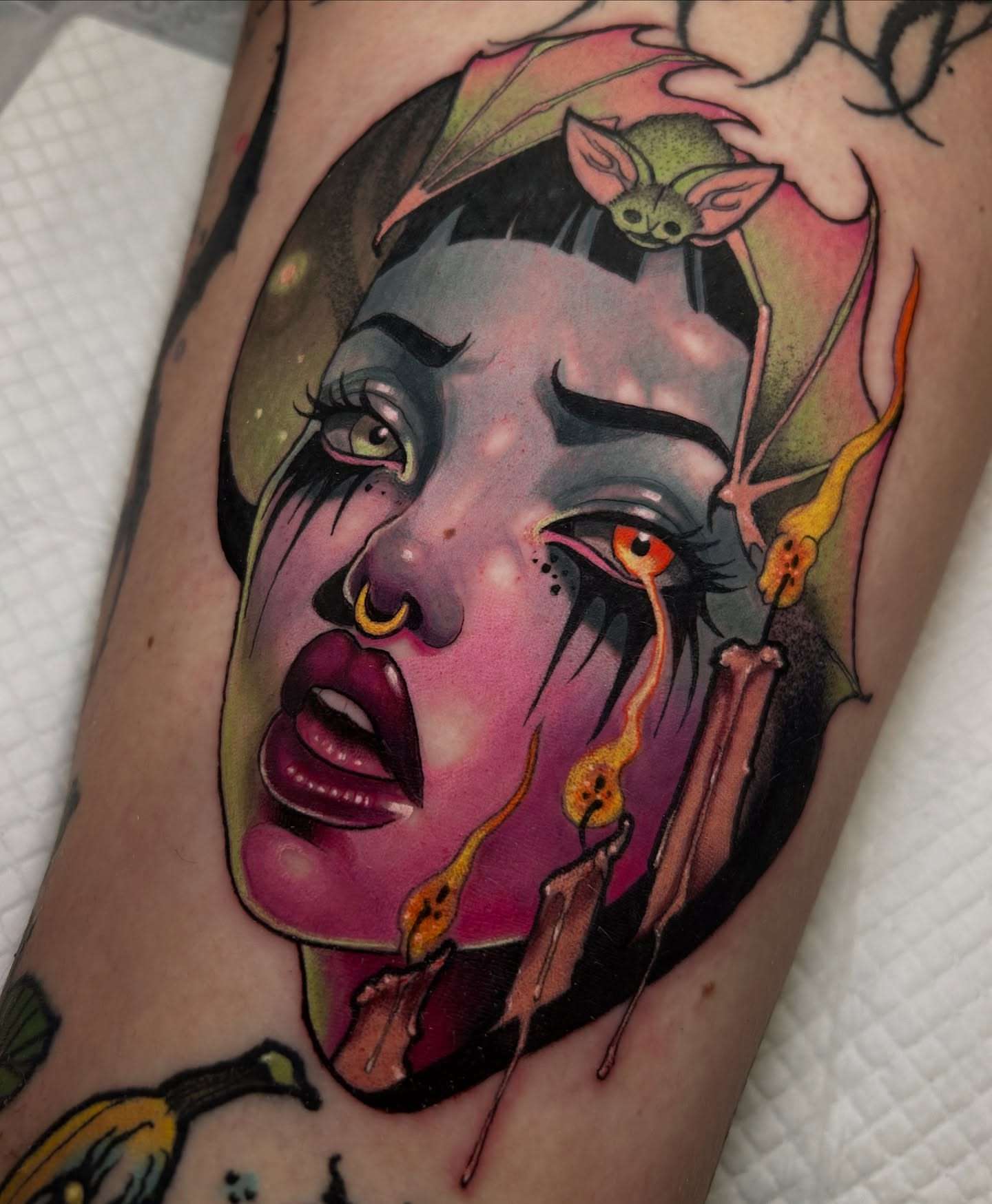 Woman's face dark realism tattoo on the forearm by Matt Stolzenburg