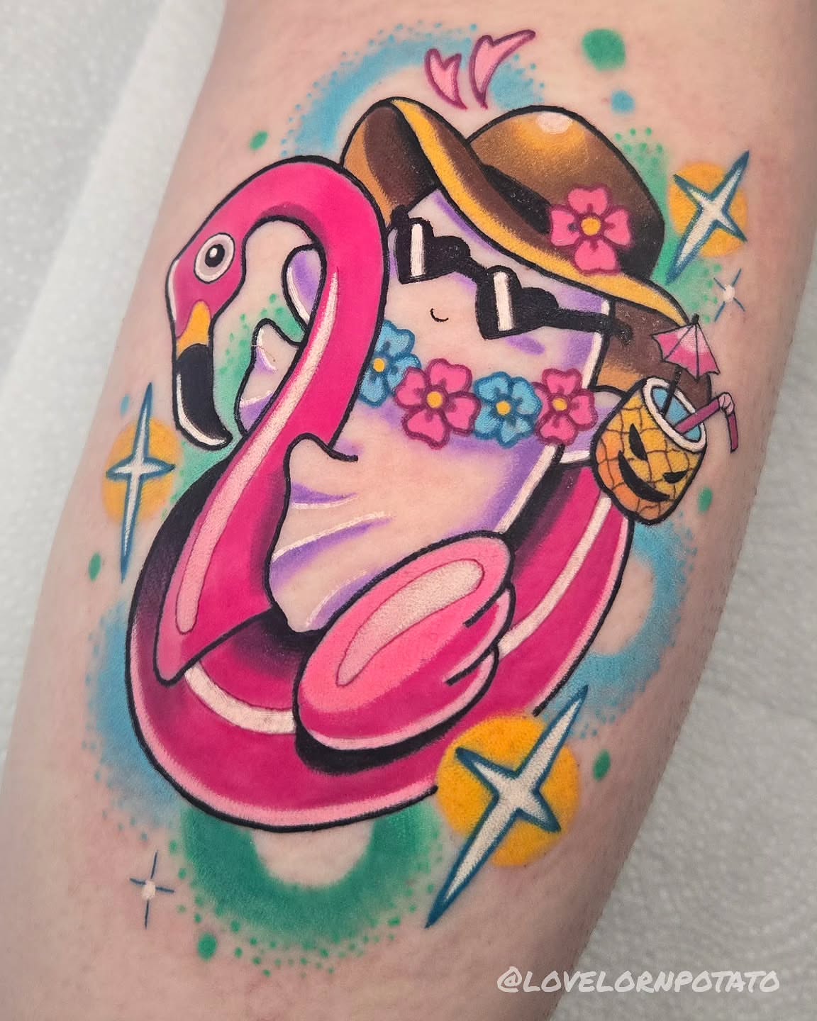 Flamingo new school tattoo on the forearm by @lovelornpotato