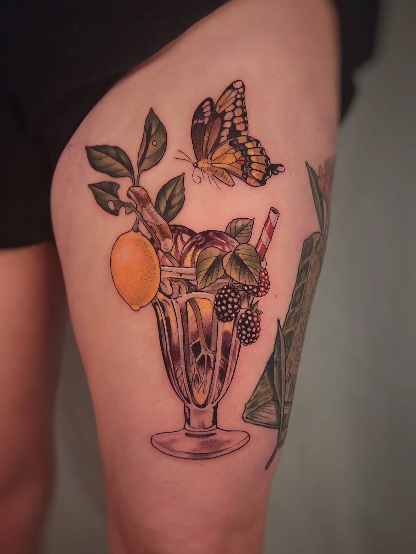 Smoothie sundae realism tattoo on the thigh by Whitney Caskey