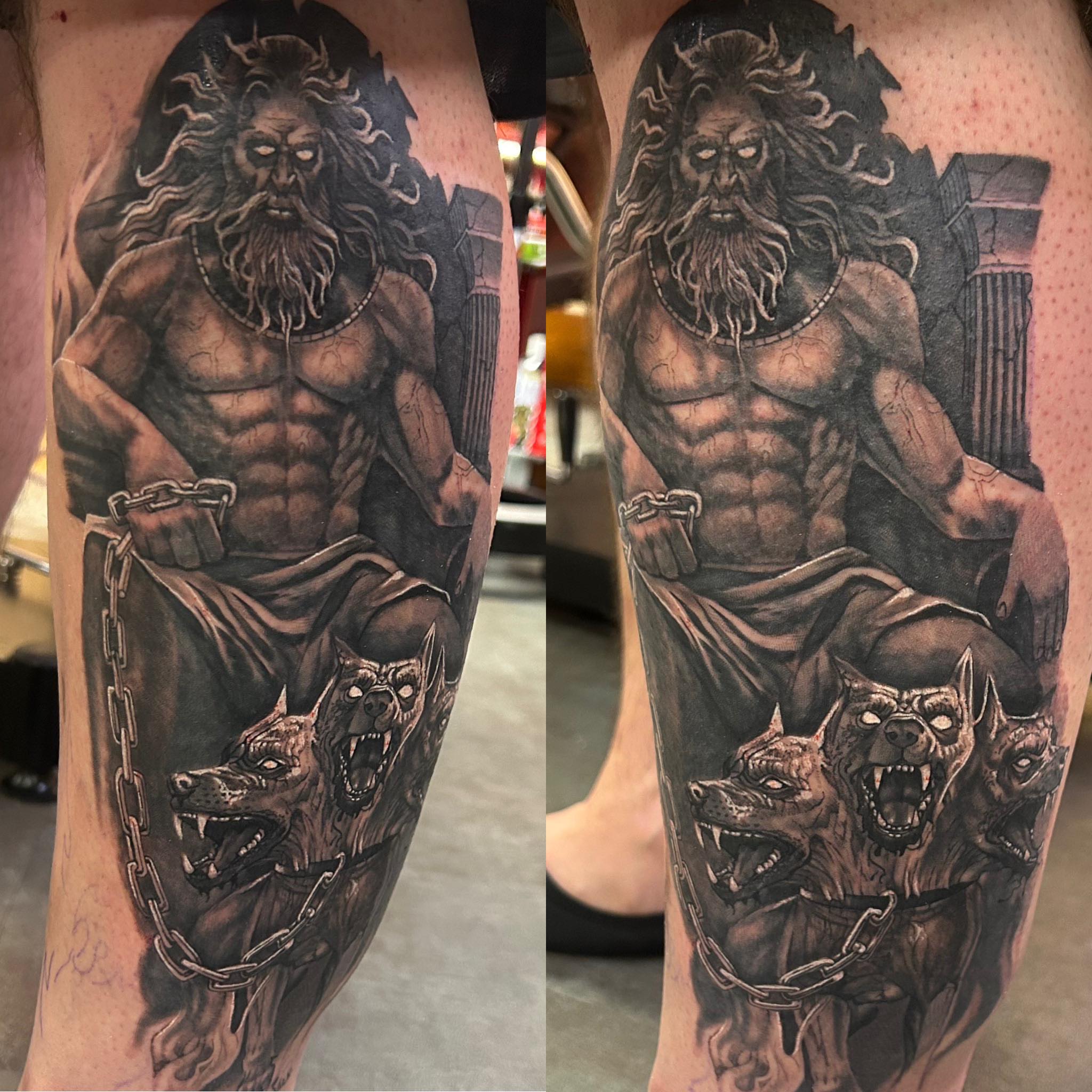 Bearded man with dogs realism tattoo on the forearm by Adam Zgorliski_STStattoo