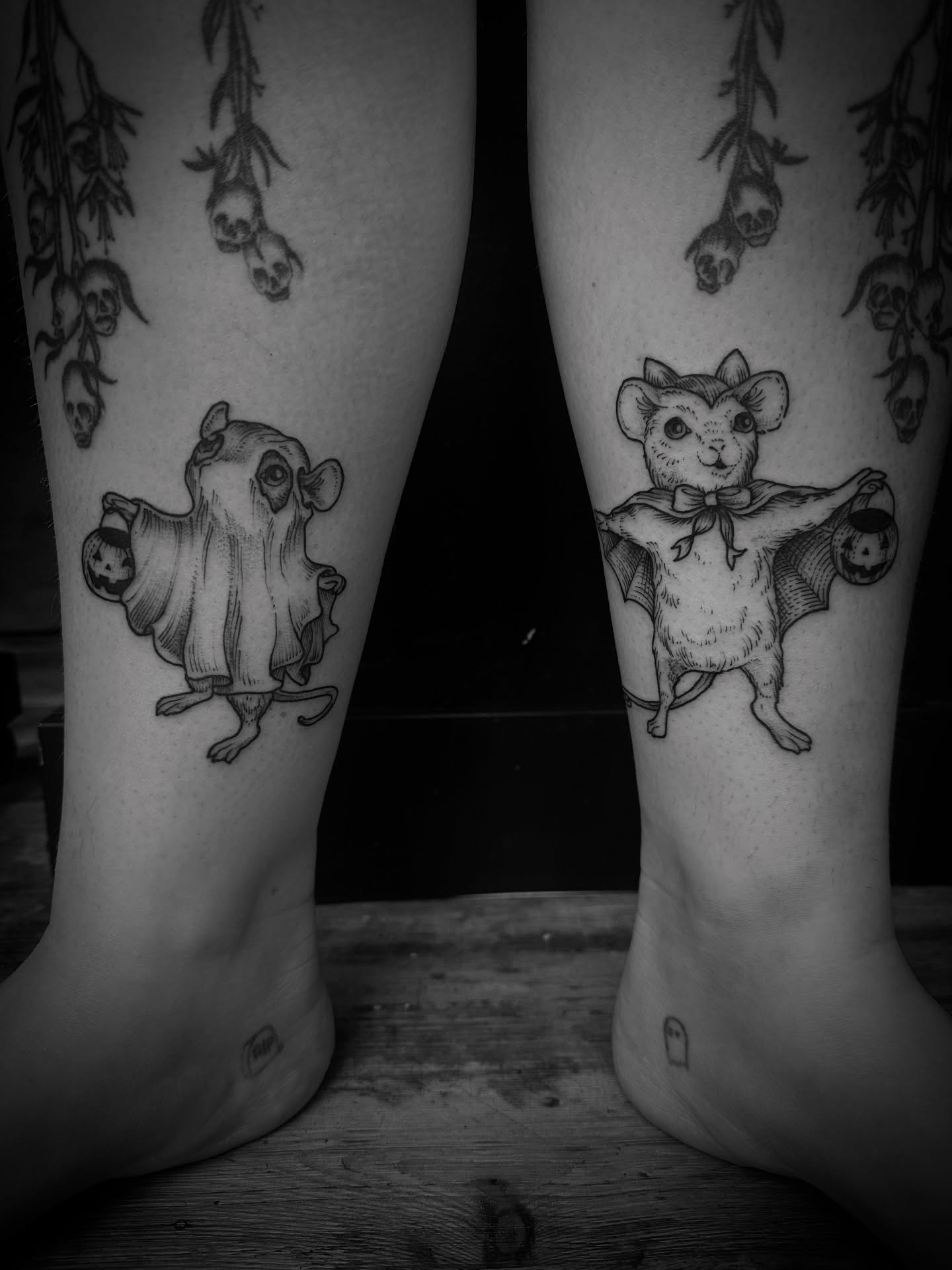 Bat ghost black and grey tattoo on the leg by Desireé Keys, Midvale, Utah