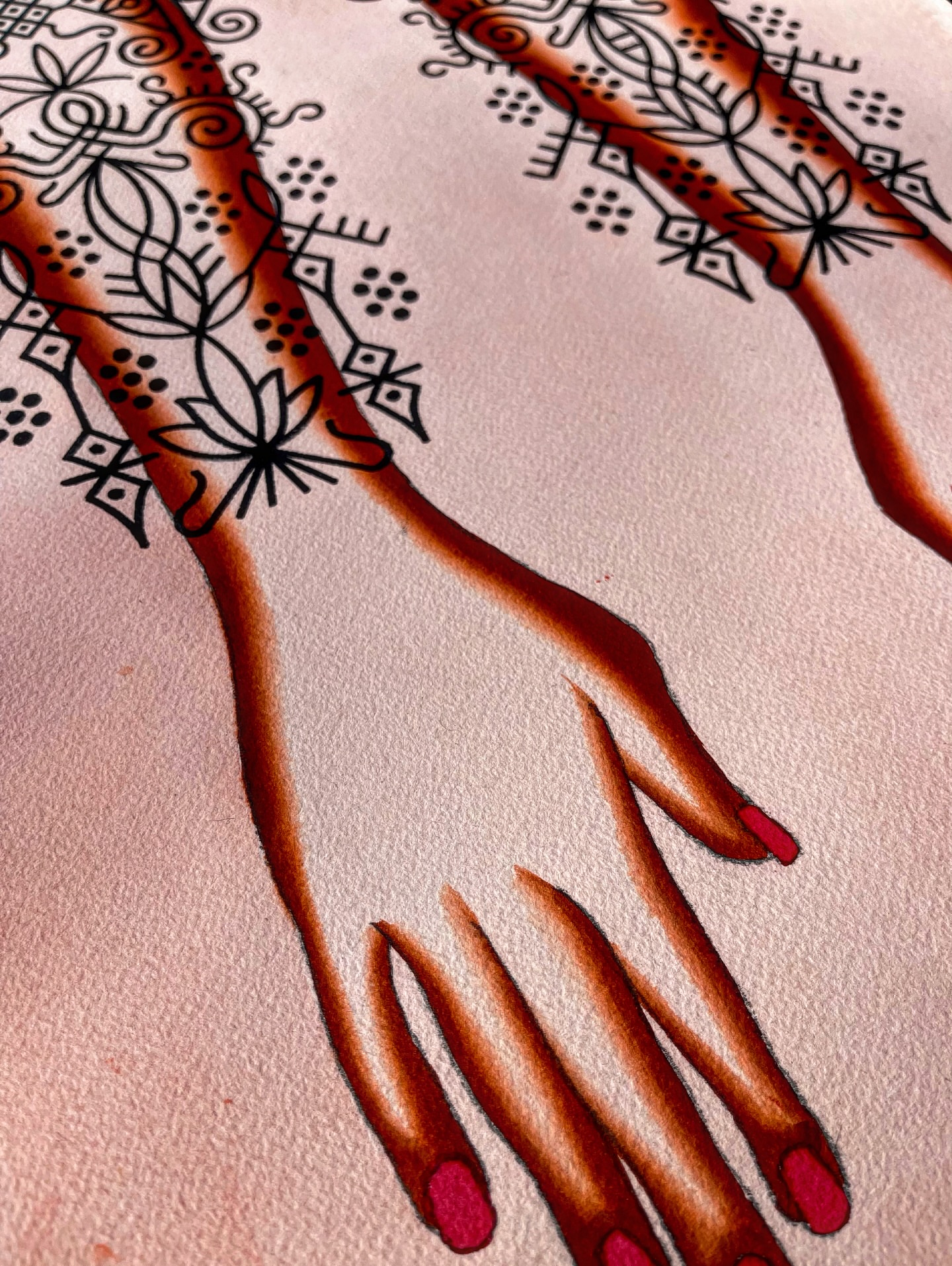 Henna-inspired design ornamental tattoo on the hand by Swasthik Iyengar, New York, New York
