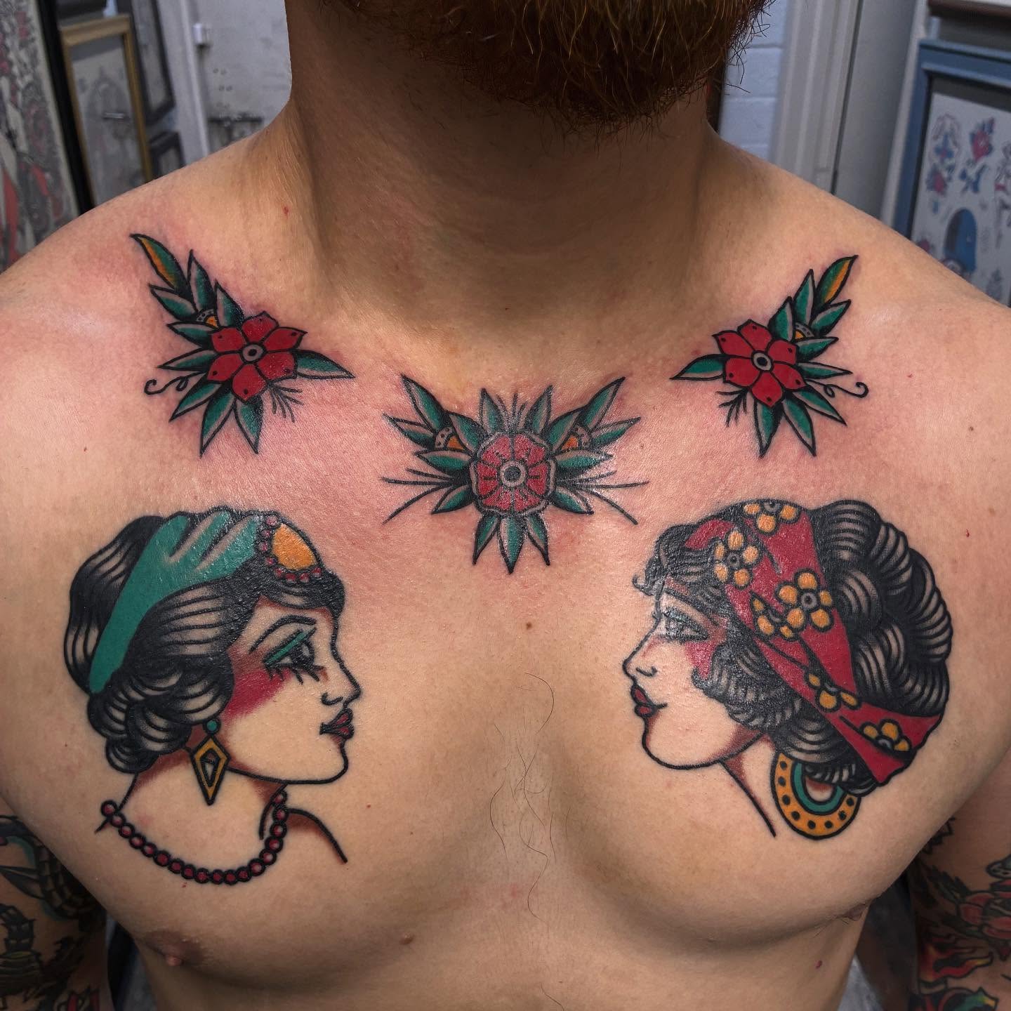 Oriental women American traditional tattoo on the chest by Chrissie