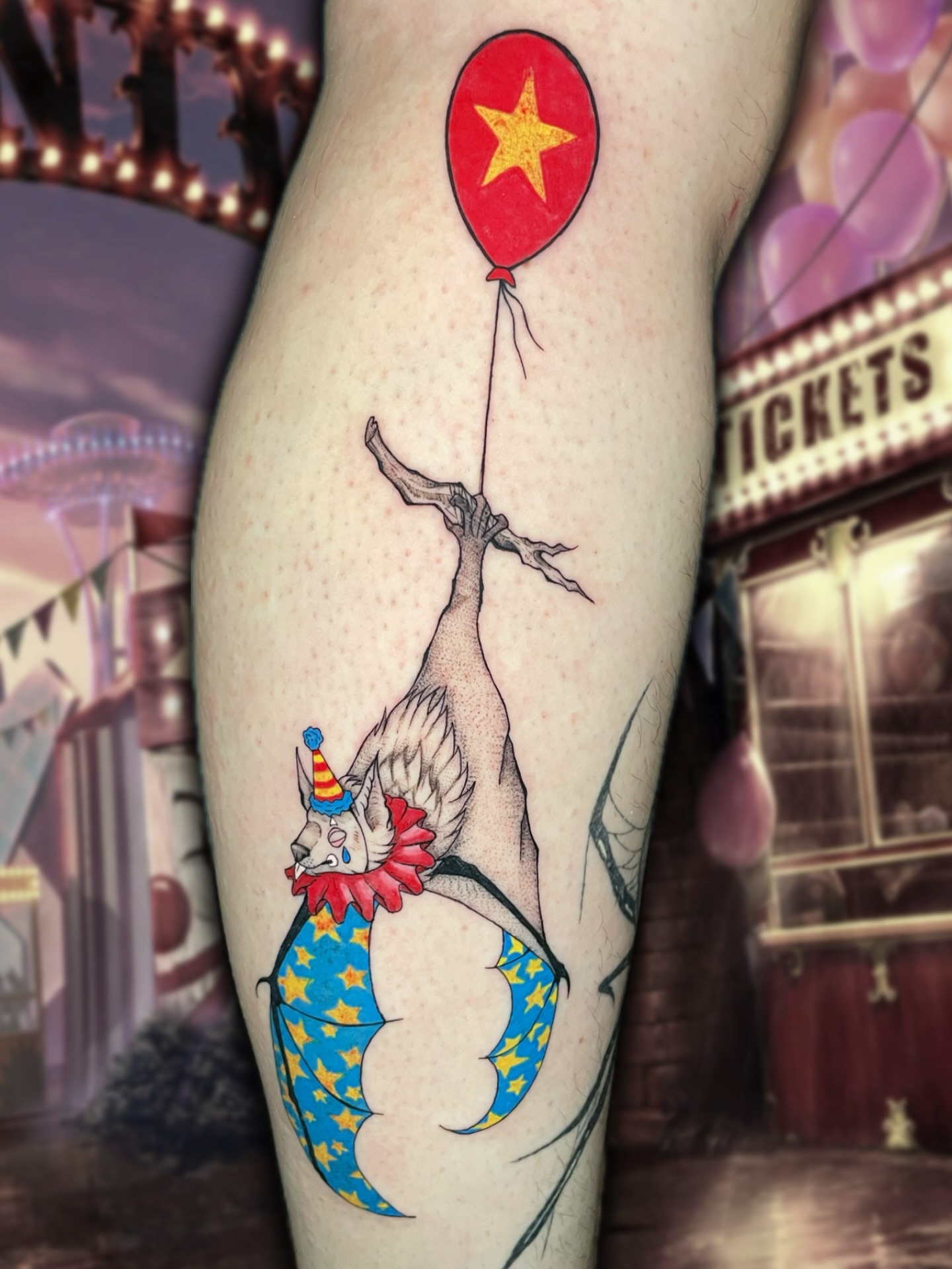 Clown mermaid illustrative tattoo on the thigh by Shontel Fowler