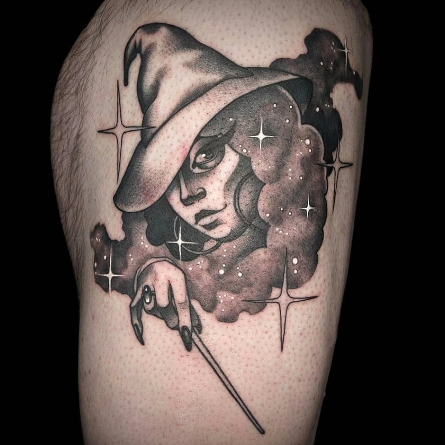Witch black and grey tattoo on the thigh by Dani Ryan