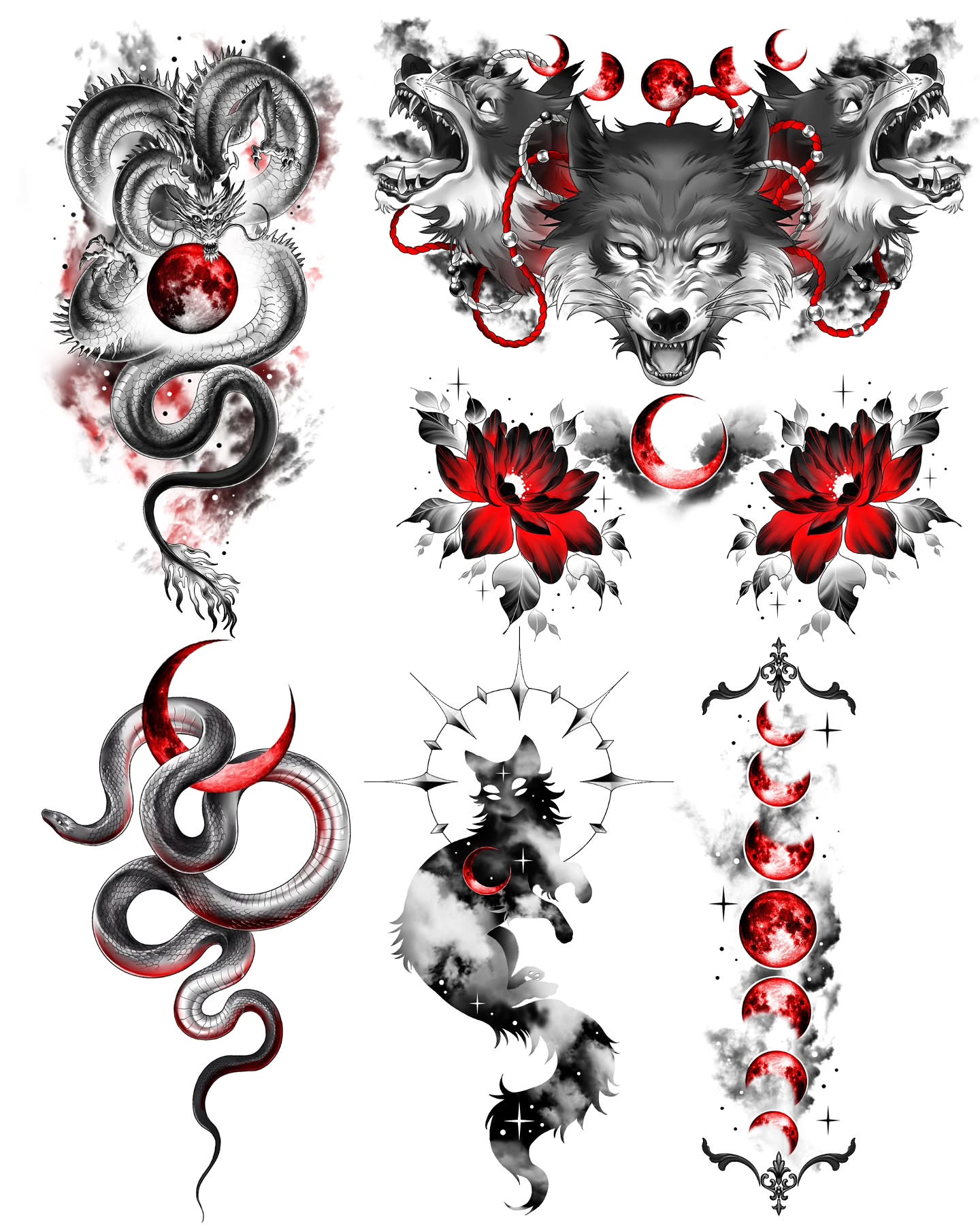 Wolf and moon phases dark realism tattoo by danha_seoul tattooist