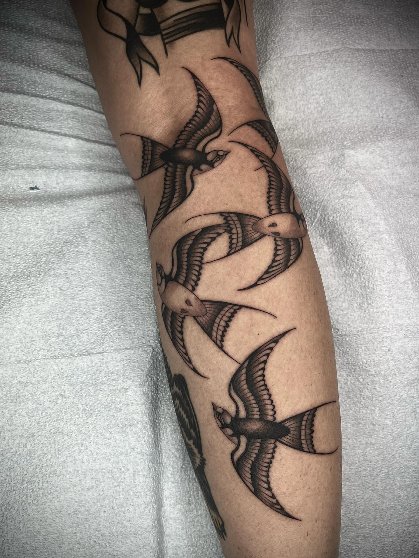 Birds black and grey tattoo on the forearm by linahsiaotattoo