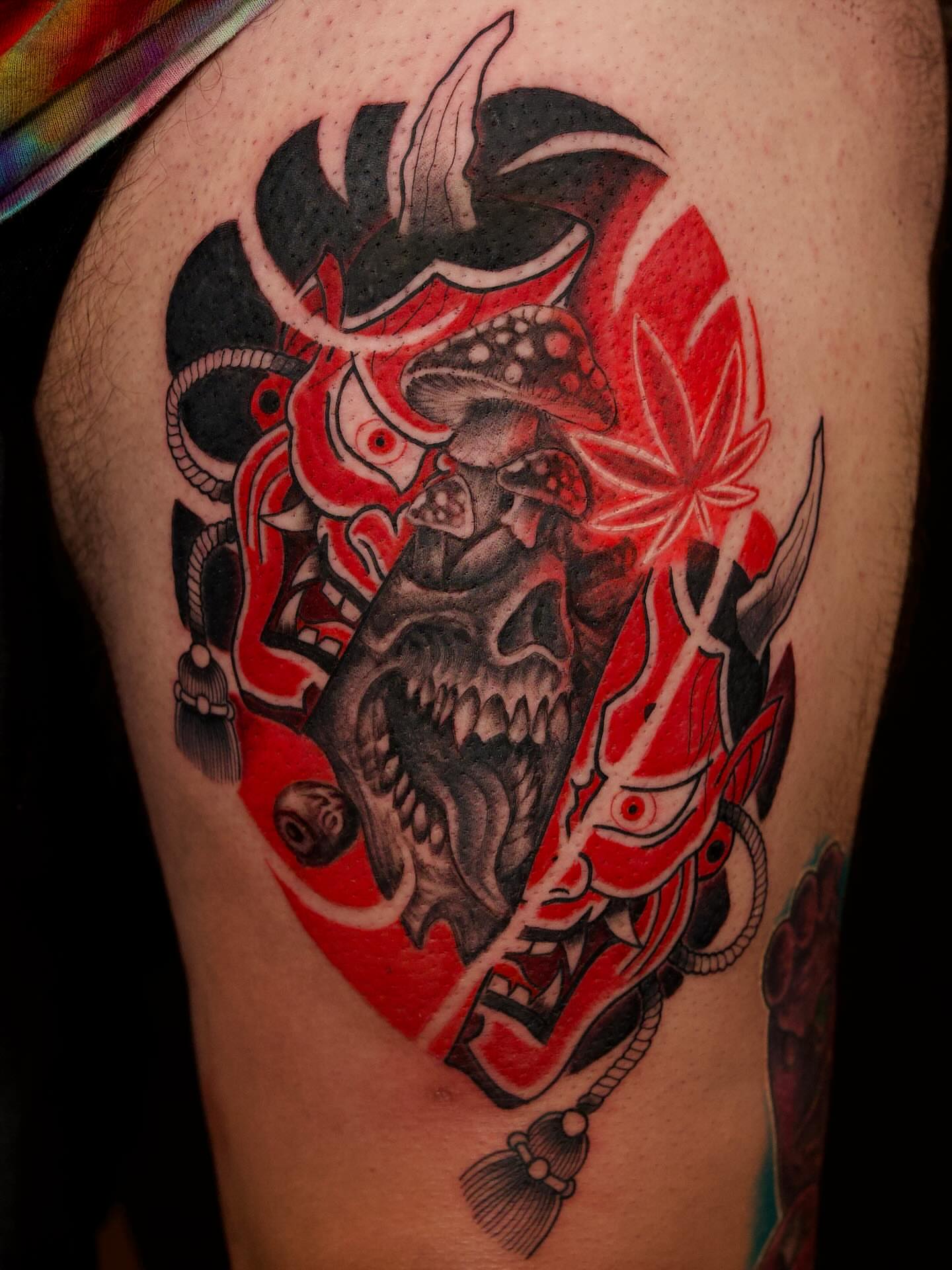 Japanese samurai mask japanese irezumi tattoo on the thigh by Chris Lochbihler