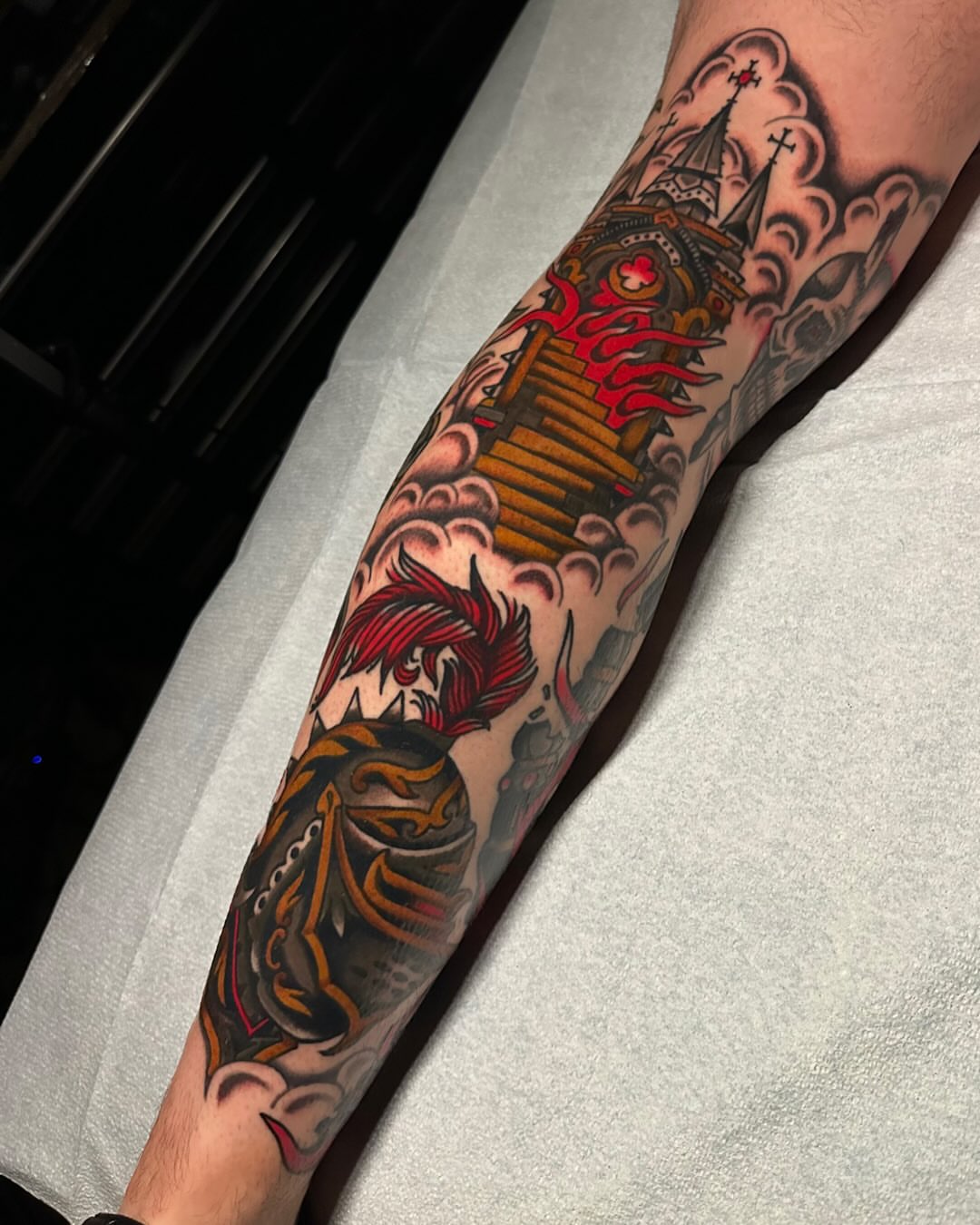 Pirate ship and flames American traditional tattoo on the forearm by Tony Perez- Austin Texas Tattooer