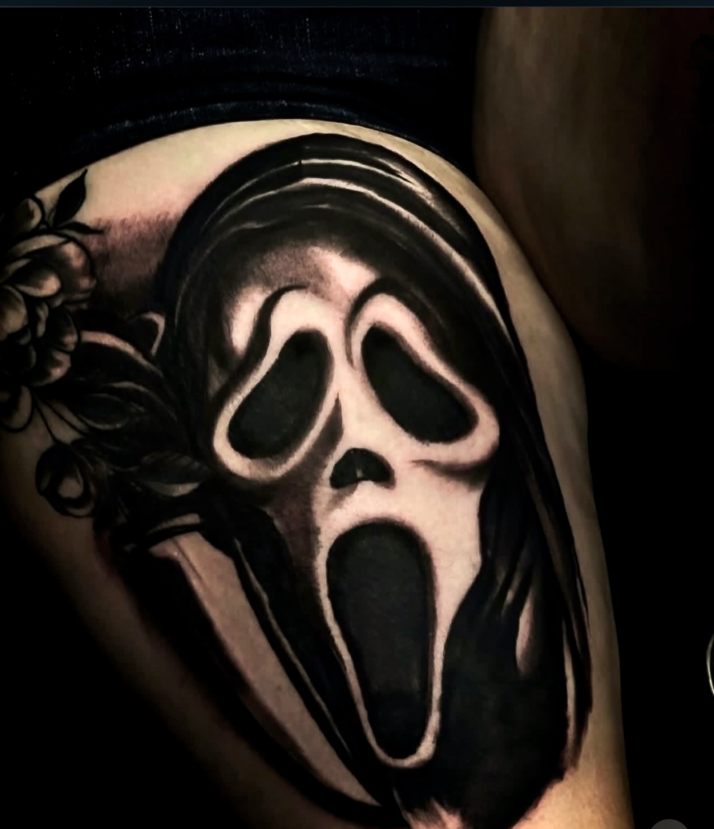 Scream mask black and grey tattoo on the thigh by ♟️SouthEastLA♟️